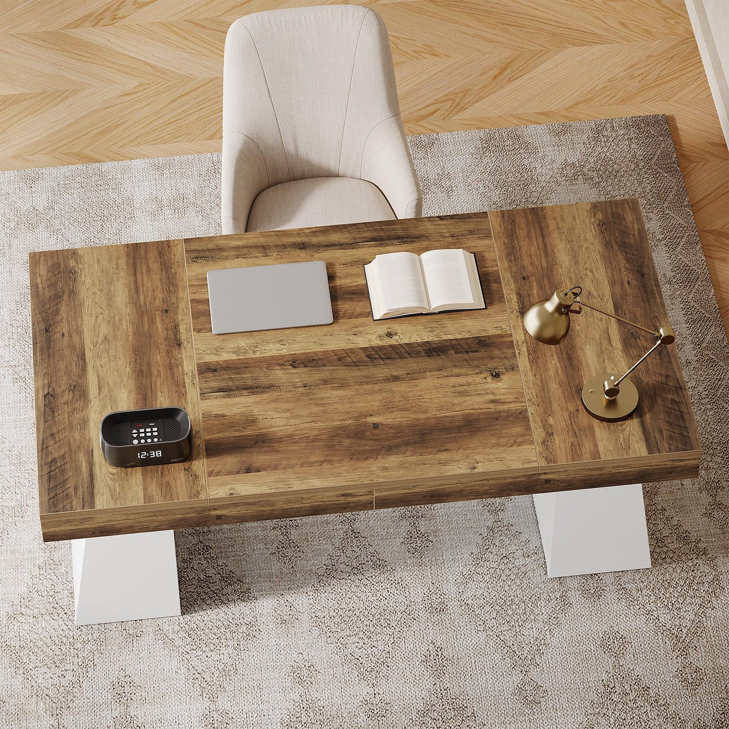 Tribesigns 55" Executive Desk, Wooden Office Desk with Double Pedestal, Modern Simple Computer Writing Table for Home Office, Brown & White