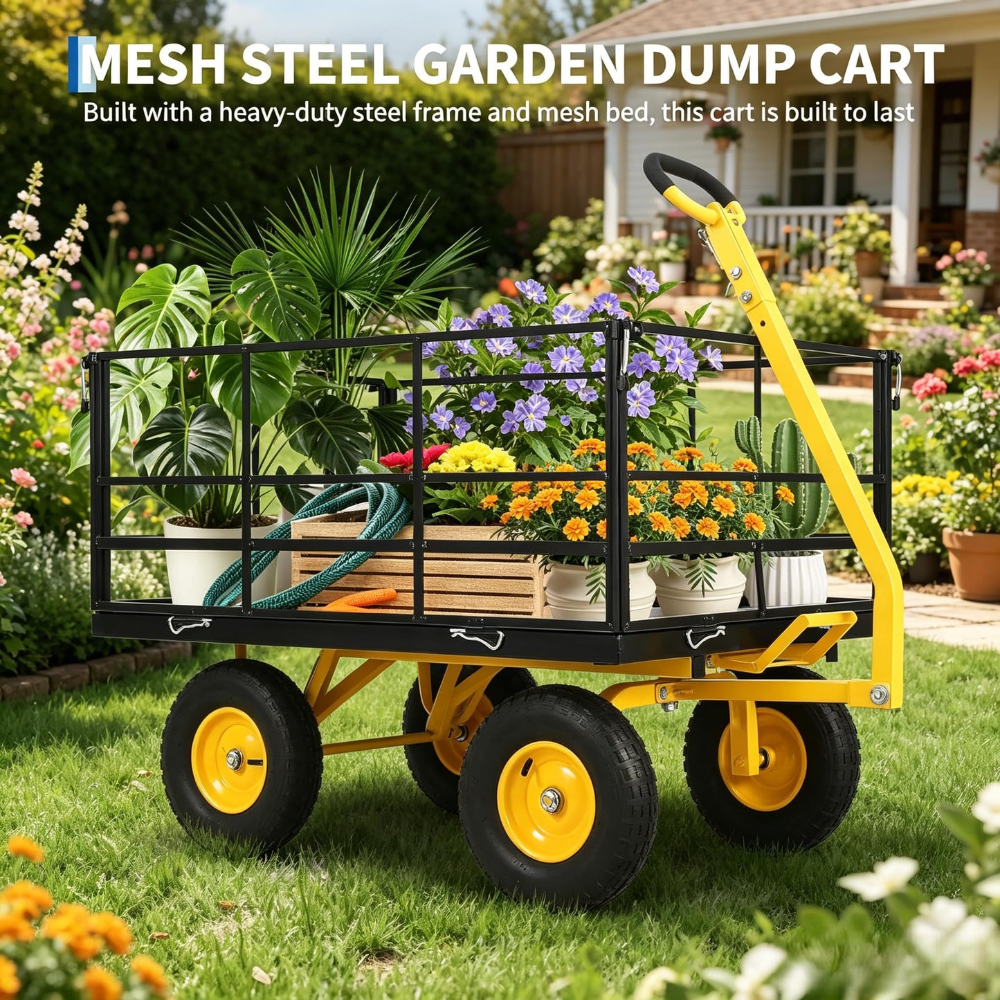 1500Lbs Steel Mesh Garden Cart, Heavy-Duty Utility Wagon with Removable Sides, Outdoor Wagon with Rubber Tire and Handle for Gardening Soil, Tools and Plant Transport(Black)