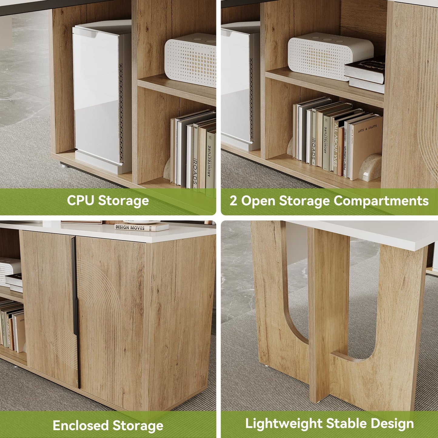 LITTLE TREE 74-Inch Executive L-Shaped Desk with Storage Cabinet & Shelves, Large Home Office Computer Desk, Modern Business Workstation for Professionals (Oak & White)