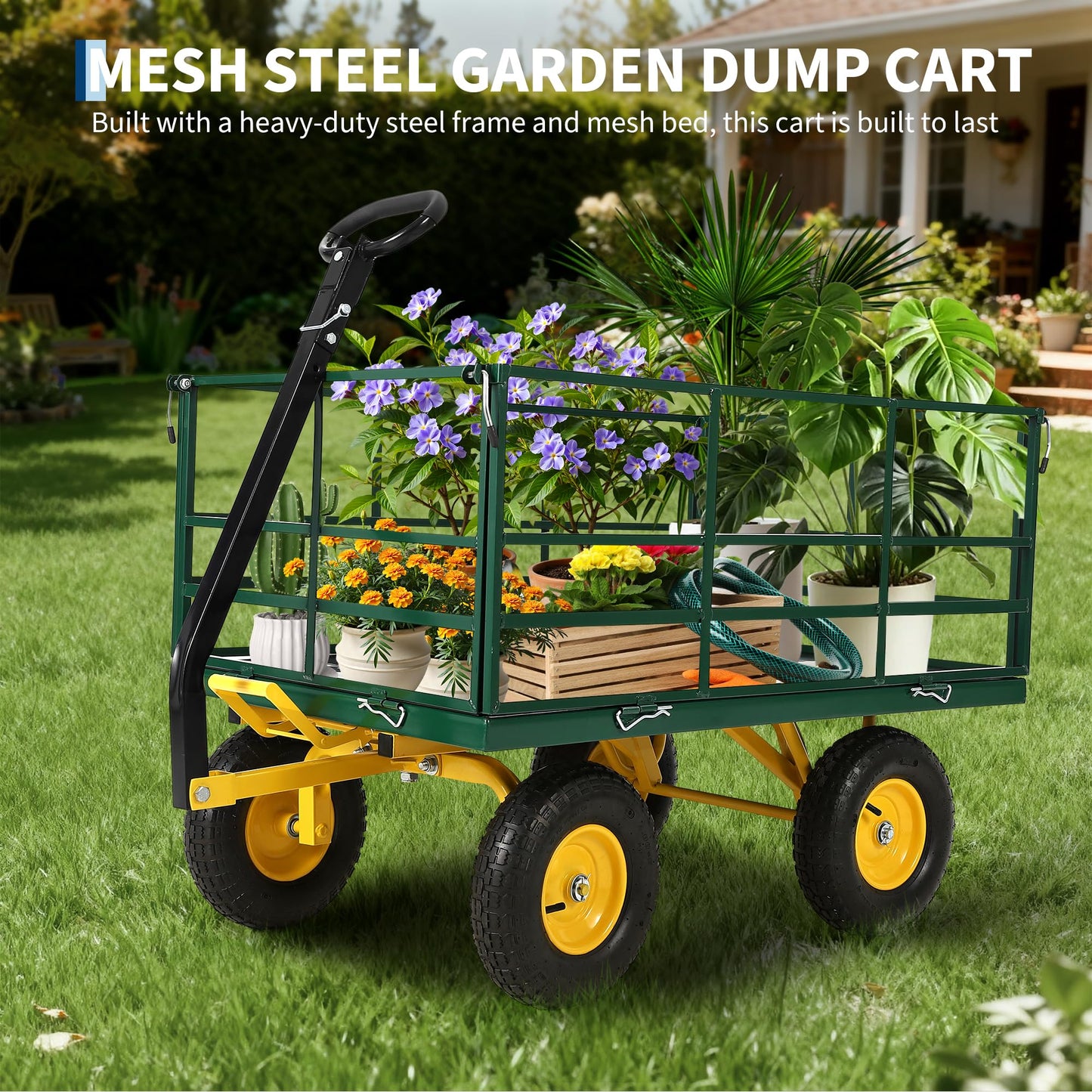 Garvee 1500 LB Garden Dump Cart with 13 in All Terrain Tires, 3-in-1 Yard Wagon Cart with Removable Side Panels, Heavy Duty Outdoor Metal Utility Wagon Yard Trailer for Outdoor Lawn, Yard, Backyard