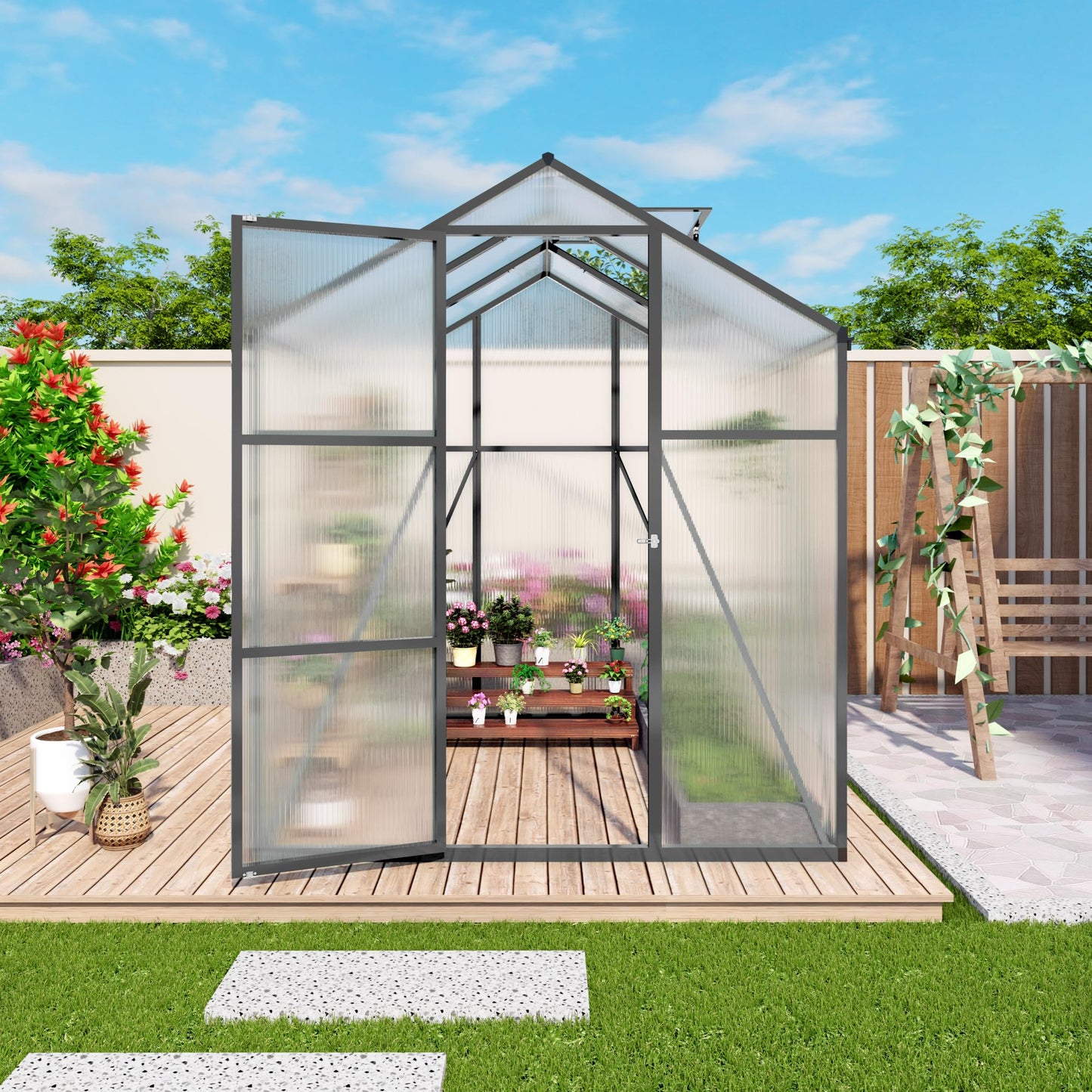Walk-in Greenhouse 6x14FT, Heavy-Duty Aluminum Frame Polycarbonate Green House Kit, UV Resistant Plant Shelter with Vent Windows & Drainage System, Outdoor Garden Greenhouse for Vegetables Flowers