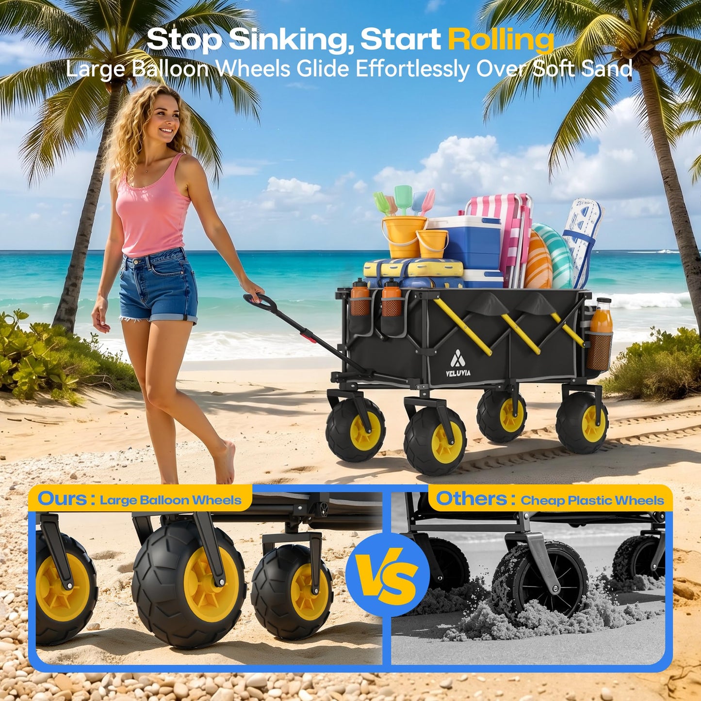 VELUVIA Beach Wagon with Balloon Wheels for Sand - 450LBS Heavy Duty Foldable All Terrain Wagon with 9" Balloon Tires- Collapsible Beach Dolly with Adjustable Handle & Cooler Bag for Beach - Black