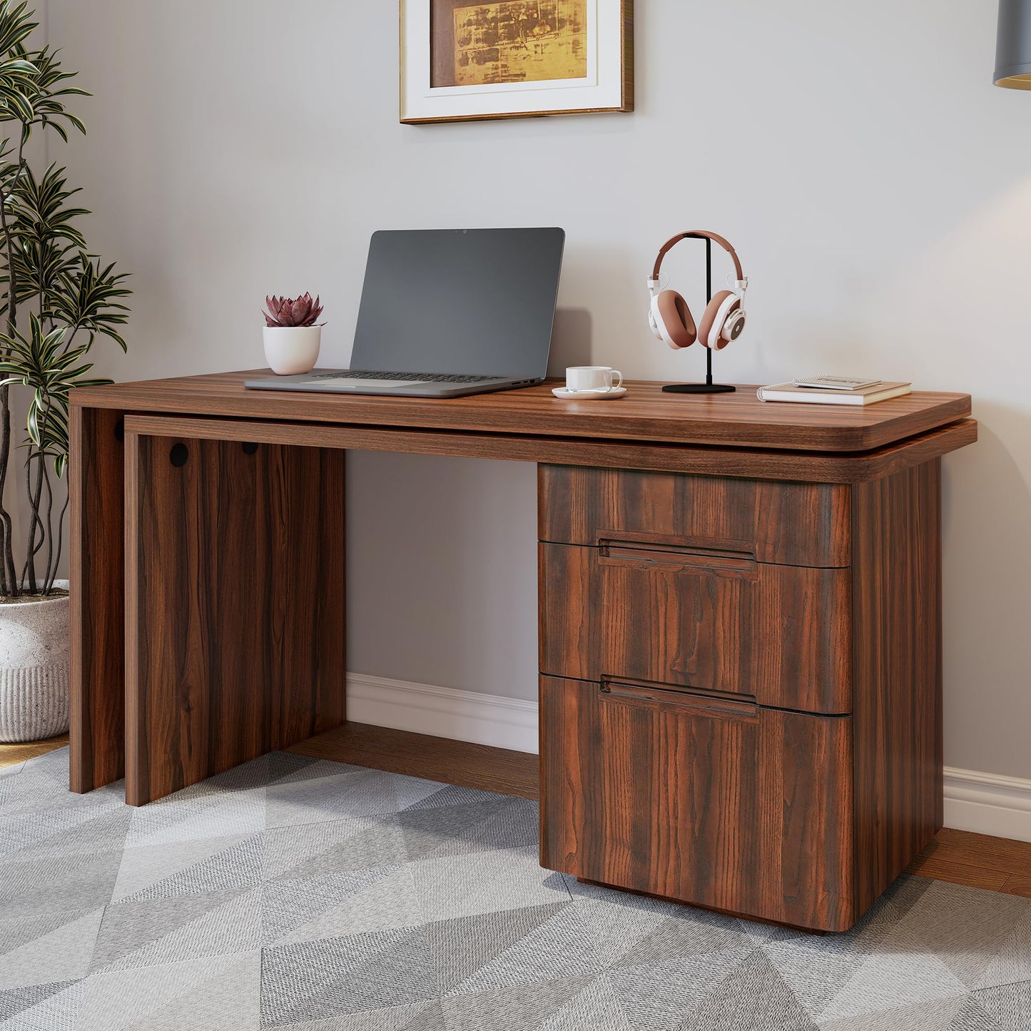 RHHVVR Fluted Computer PC Desk Table with 3 Drawers, L Shaped Corner Desk with Storage, 360° Wood Rotating Home Office Desk for Bedroom, Executive, Study Work, Walnut