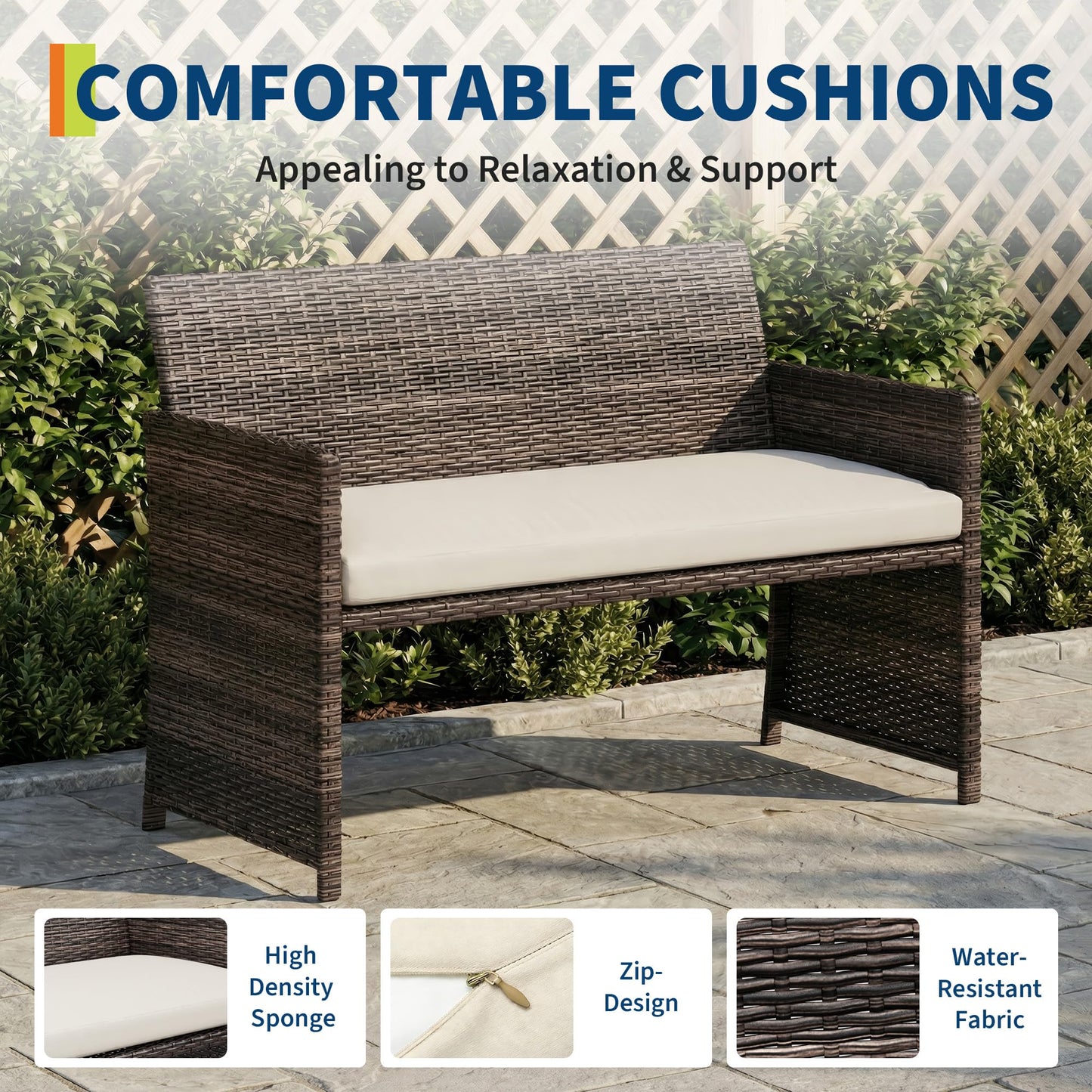 Garvee 4-Piece Patio Furniture Set, PE Rattan Outdoor Conversation Set with Cushions & Tempered Glass Table, All-Weather Wicker Patio Table and Chairs Set for Patio, Porch, Backyard, Brown and Beige
