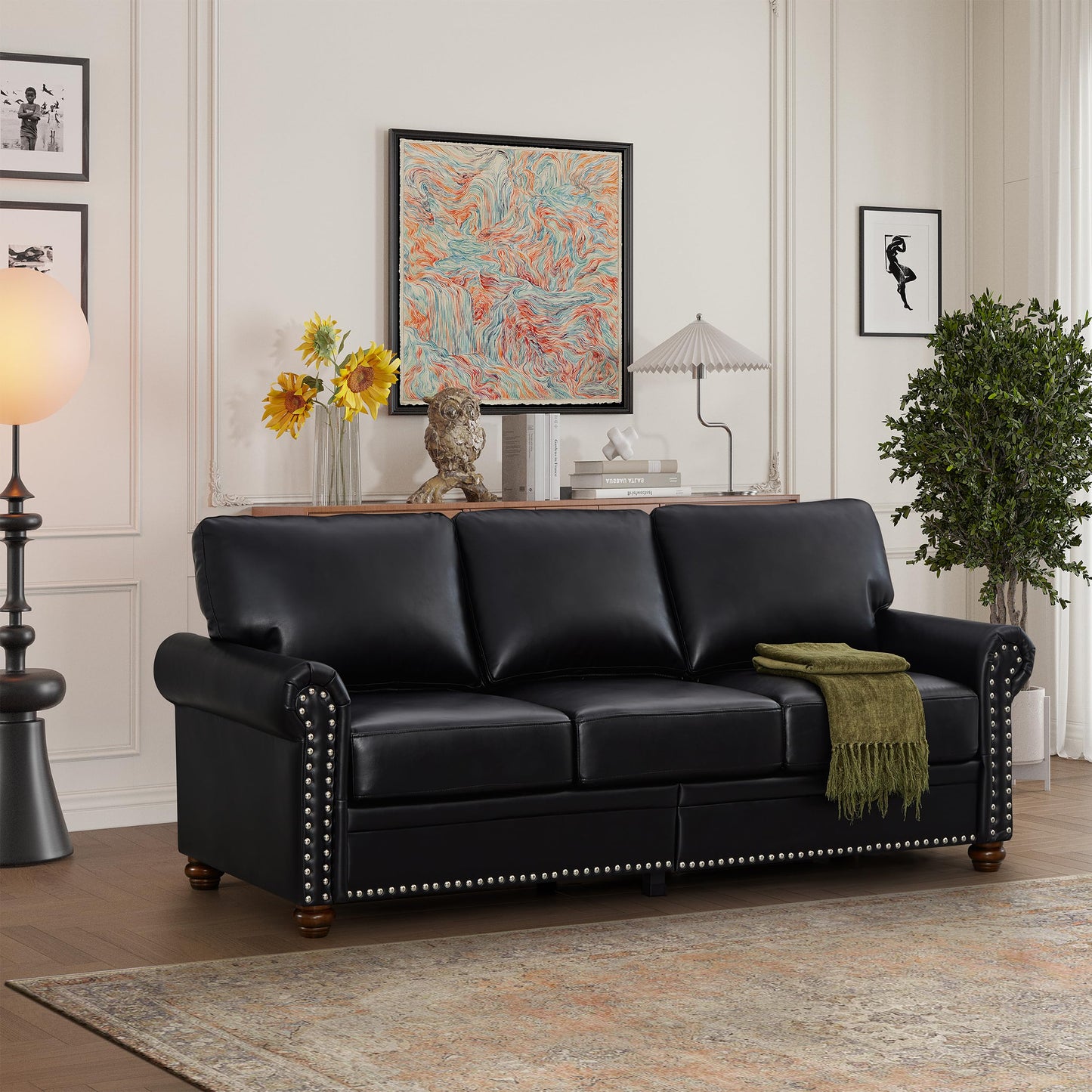 GDFStudio 83" Mid-Century Modern Sofa Couch with Storage, 3 Seater Deep Seat Upholstered Faux Leather Sofa with Nailhead Trim, Rolled Arms & Solid Legs, Comfy Accent Sofa for Living Room, Black