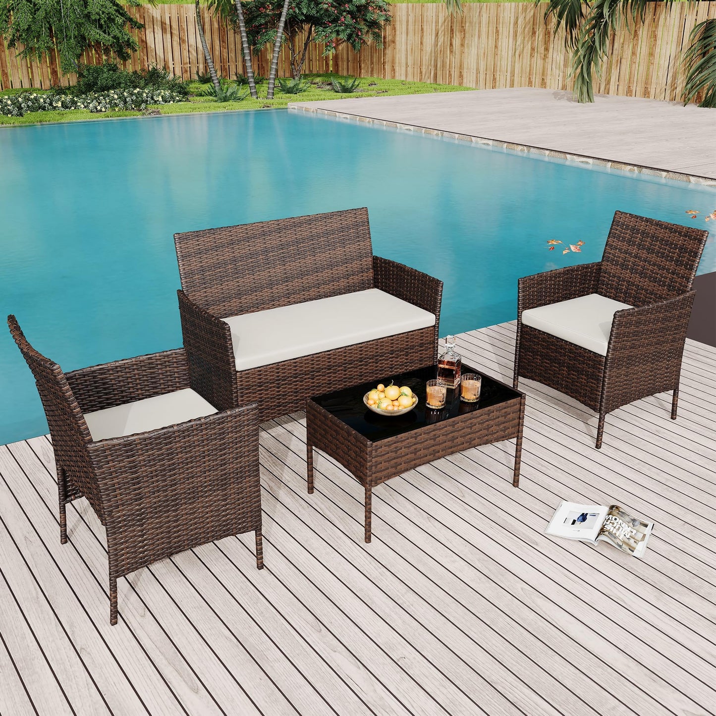 4PCS Outdoor Patio Bistro Set, PE Rattan Wicker Armchairs with Water-Resistant Cushions & Tempered Glass Coffee Table, All-Weather Conversation Set for Garden, Backyard, Porch, Poolside, Brown/Beige
