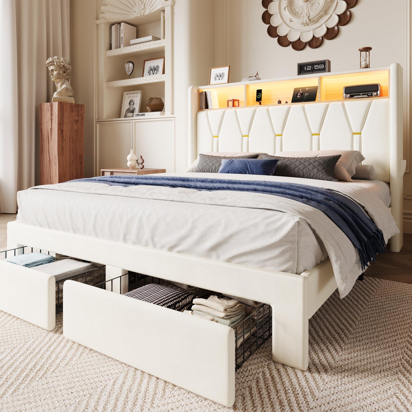 SHA CERLIN Queen Velvet Platform Bed Frame with 2 Storage Drawers, LED Storage Headboard with Charging Station, Upholstered Wingback Headboard, Noise-Free, No Box Spring Needed, Easy Assembly, White