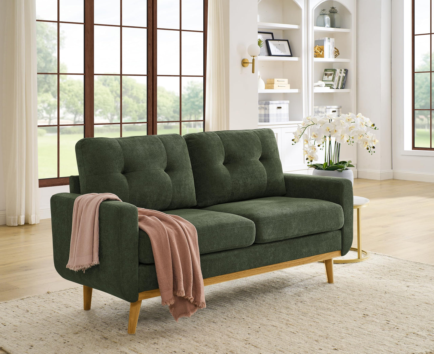 Ball & Cast 67.7" Loveseat Sofa,Mid Century Modern Love Seat Couches for Living Room,Button Tufted Upholstered Small Couch with Solid Wood Legs for Bedroom,Apartment,Office,Easy Assembly,Antique Green