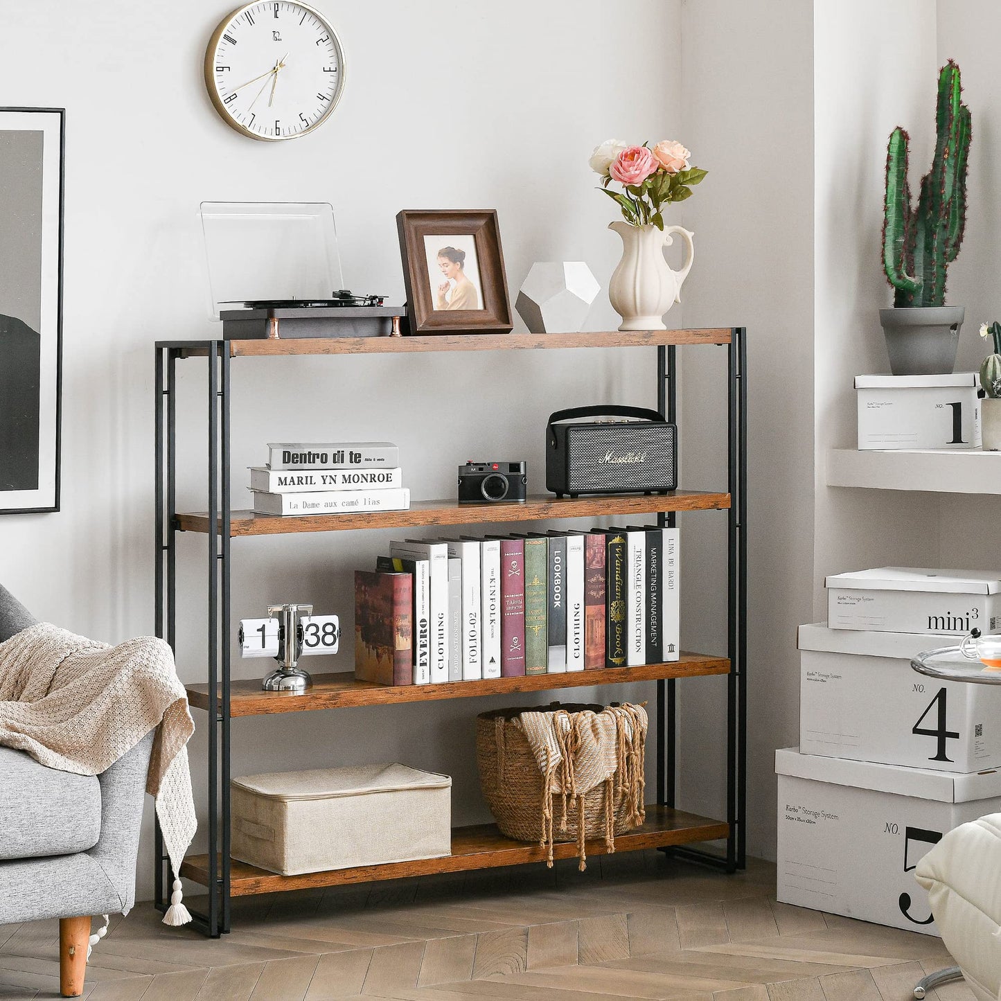 HCHQHS Bookshelf,4-Tier Industrial Bookcase,Rustic Wood and Metal Open Display Book Shelves Home Office,Bedroom Standing Shelf Unit,Horizontal Kitchen Shelf Organizer,Bathroom Storage Rack 47in