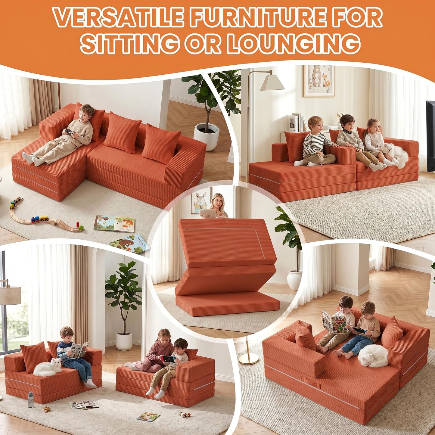 65" Modular Sectional Sofa, Boneless Convertible Sleeper Sofa Bed, Modern Tri-Folding Cloud Couch with L-Shape Chaise, Corduroy Futon Couches for Living Room Small Spaces Apartment,No Assembly, Orange