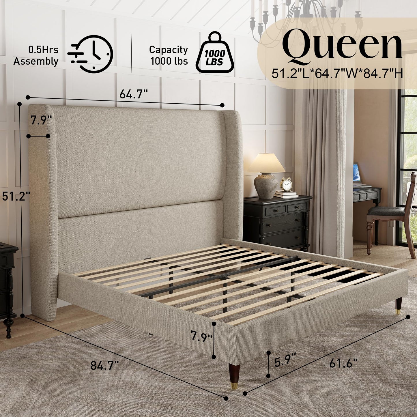 PaPaJet Queen Bed Frame with 51.2" Tall Wingback Headboard,Line Upholstered Platform Bed,Solid Wood Legs,No Box Spring Needed,Noise-Free&Easy Assembly,for Couples, Guest Room, Apartment,Light Khaki