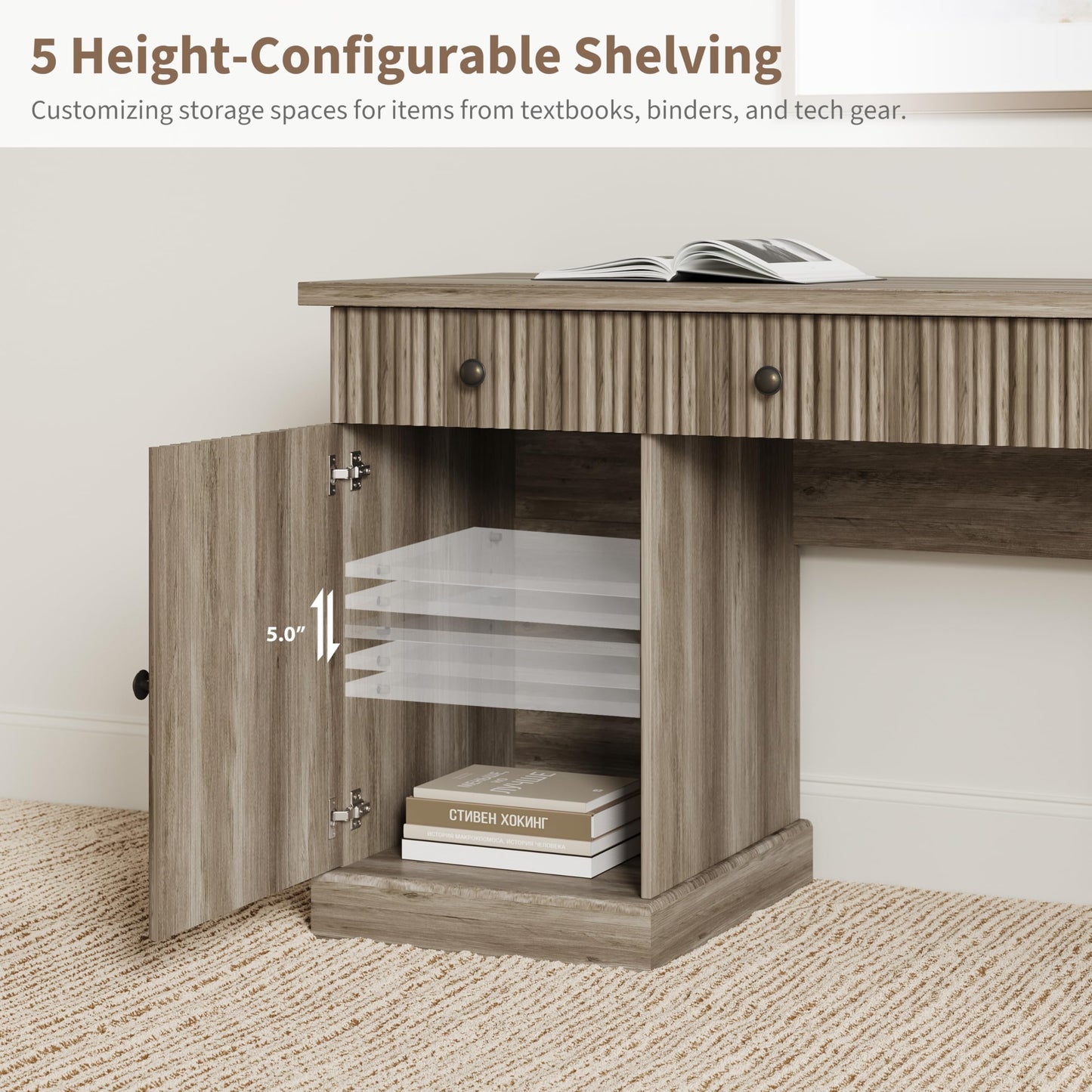 Garvee 60" Office Desk with Storage & Drawers. Fluted Wood Computer Desk with Power Outlet & Adjustable Shelves.Modern Executive Desk for Home Office/Bedroom/Gaming-Grey