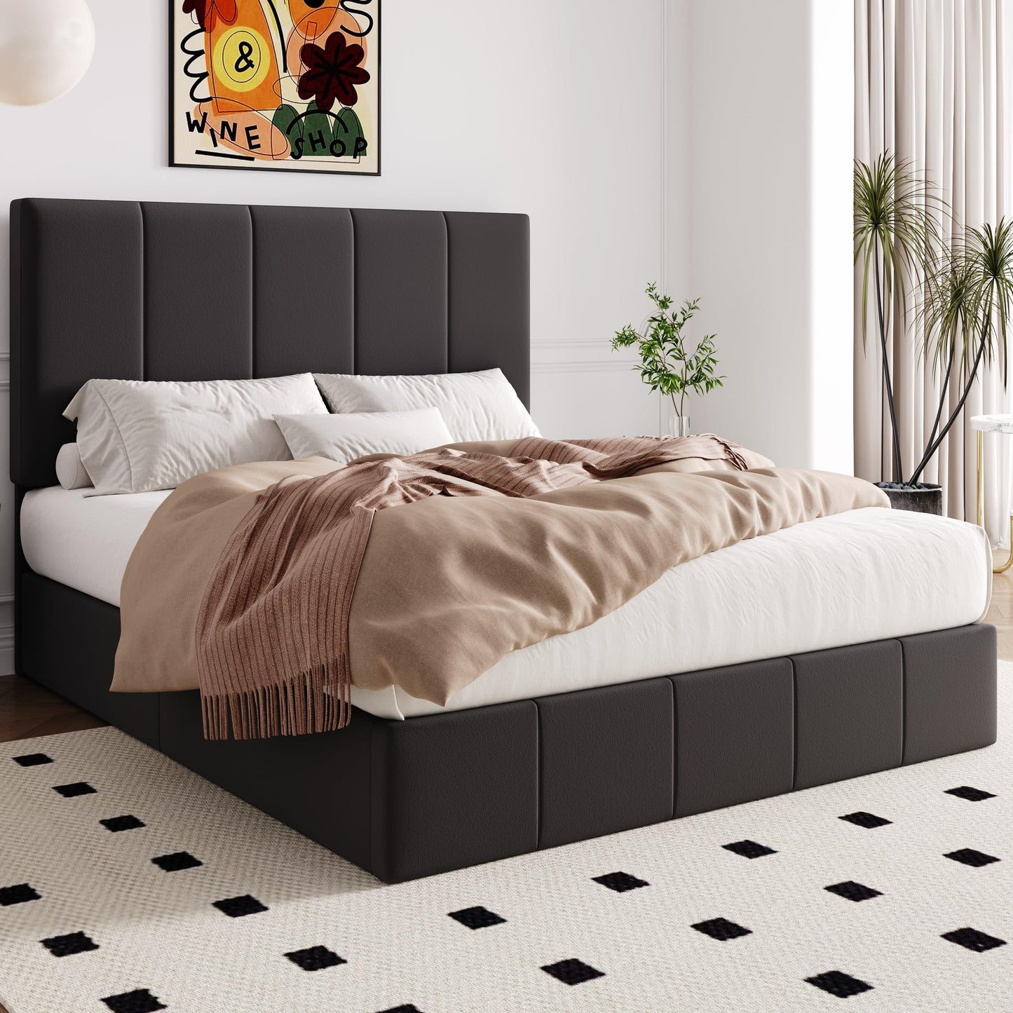 Allewie Queen Size Velvet Lift Up Storage Bed Frame, Vertical Channel Tufted Headboard, Hydrualic Underneath Storage, Upholstered Platform Bed, Wooden Slats Support, No Box Spring Needed, Black