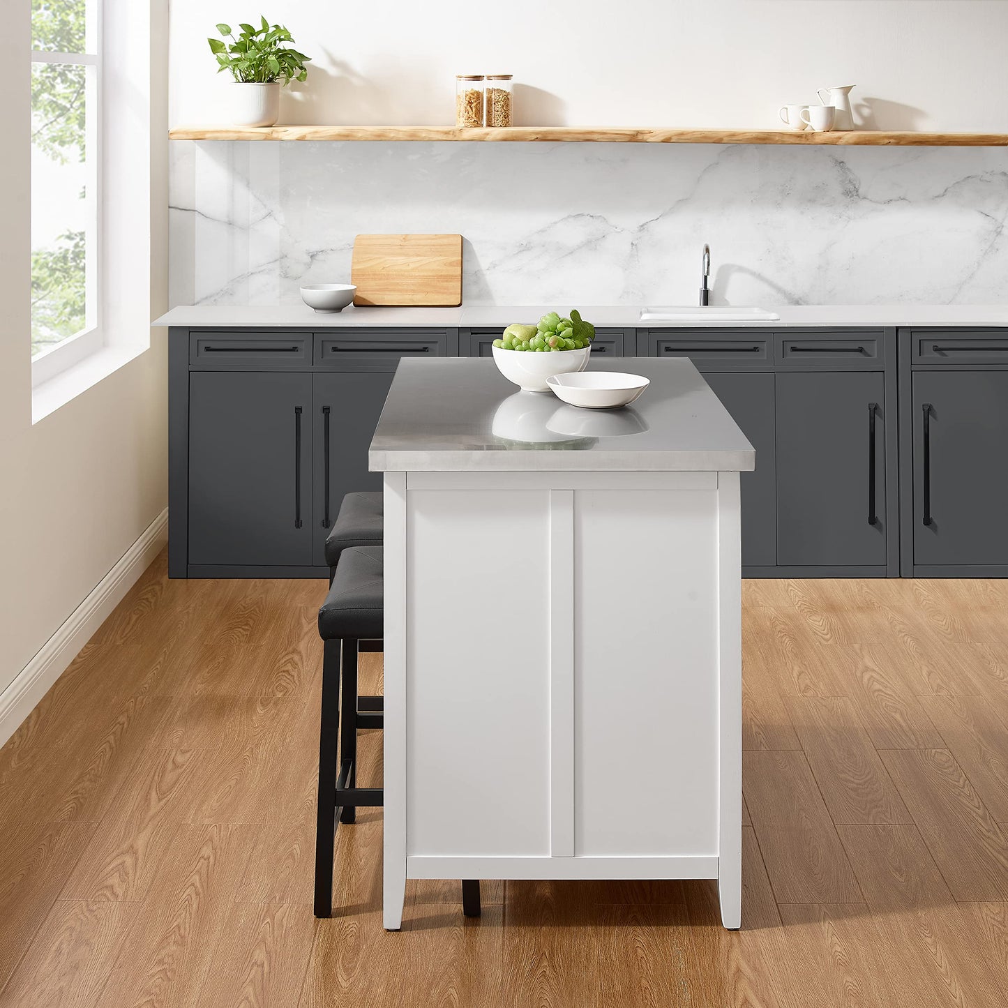 Crosley Furniture Silvia Stainless Steel Top Kitchen Island, Coffee Bar, with a Set of 2 Upholstered Saddle Stools, White/Black
