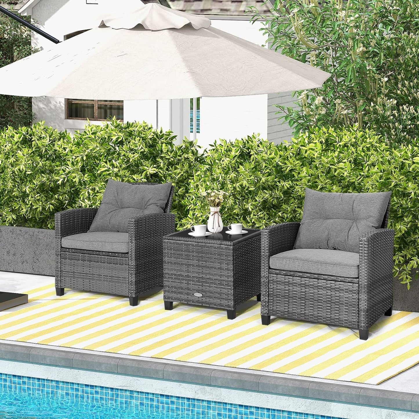 LDAILY Patio Furniture Set, 3 Pieces PE Rattan Wicker Patio Sofa Chairs with Washable Cushion & Glass Table, Outdoor Furniture Conversation Sets for Porch, Balcony, Garden, Poolside (Gray)
