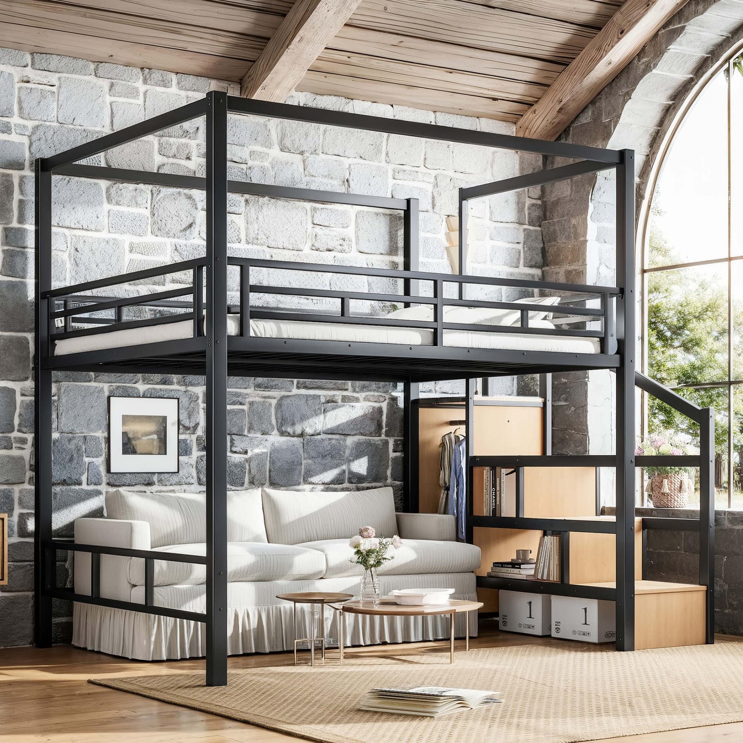 Bellemave Queen Size Loft Bed Frame with Storage Stairs and Wardrobe, Queen Size Game Loft Bed with Canopy Frame, Heavy Duty Loft Bed for Adults Teens Black