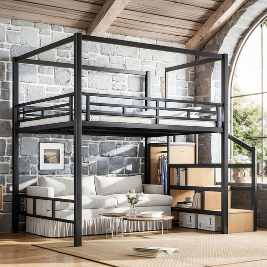 Bellemave Queen Size Loft Bed Frame with Storage Stairs and Wardrobe, Queen Size Game Loft Bed with Canopy Frame, Heavy Duty Loft Bed for Adults Teens Black