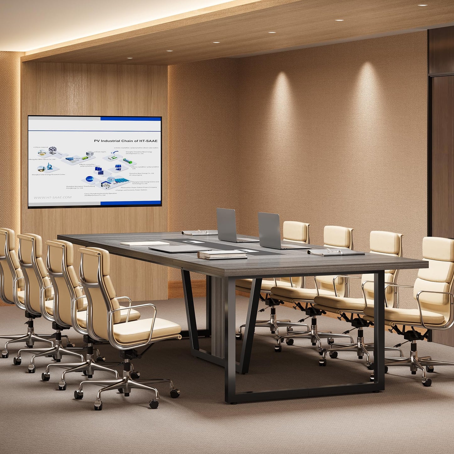 LITTLE TREE 8FT Conference Table for 10 People, Large Meeting Table, Modern Wooden Conference Room Tables with Cable Management, Business Style Training Tables with Strong Metal Legs for Office, Grey