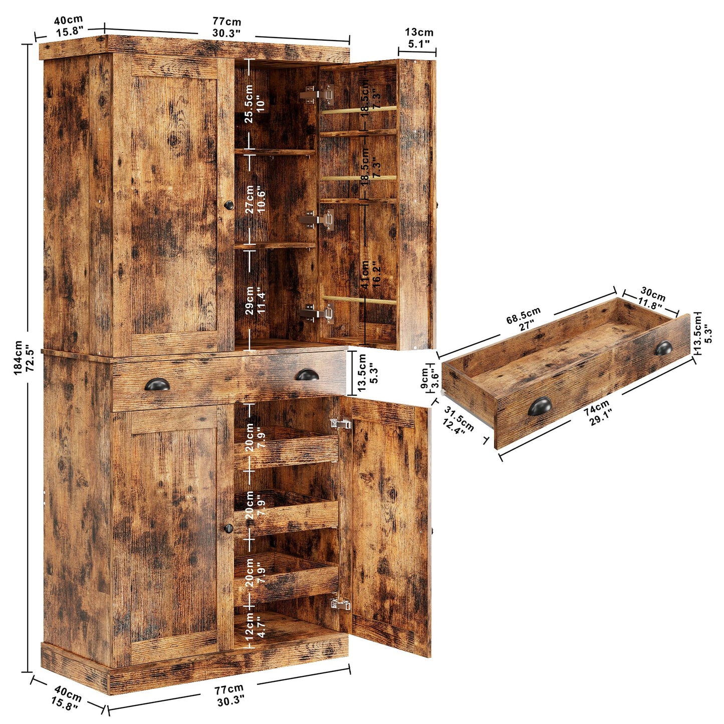 IRONCK Kitchen Pantry Cabinet 72" Height, Freestanding Cupboard with Drawer, Sliding Storage Rack, and 6 Hanging Shelves for Dining Room, Laundry, Living Room, Vintage Brown