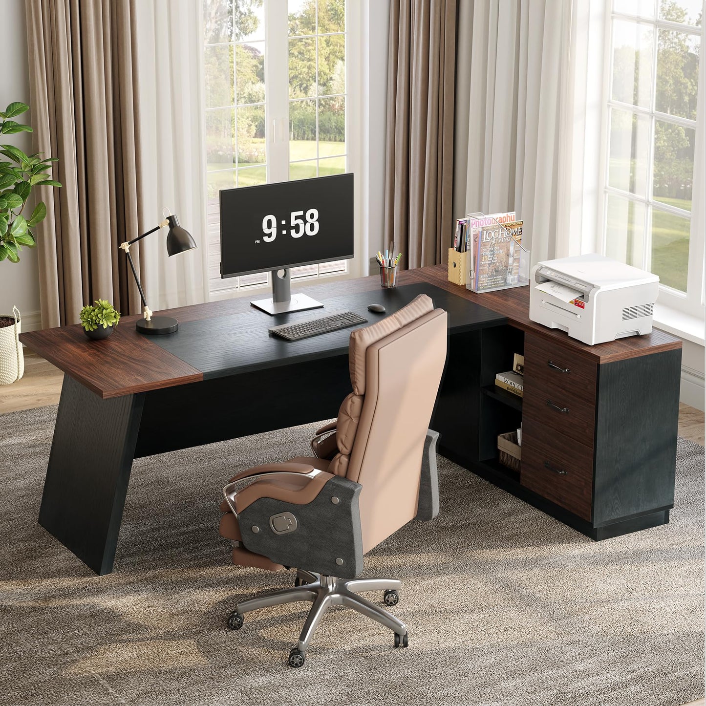 LITTLE TREE 78-Inch Executive Office Desk with File Cabinet, Large Modern Corner Office Desk for Home Office, 3-Drawer Wood File Cabinet, Spacious Workstation for Home Office (Brown & Black)