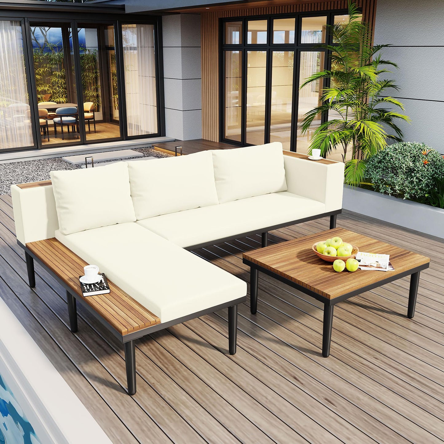 Luxury 4-Piece L-Shaped Outdoor Patio Sofa Set with Acacia Wood Side & Coffee Table, Removable Cushions & Pillows, Metal Frame, Comfortable Modular Conversation Sectional for Backyard, Porch, Beige