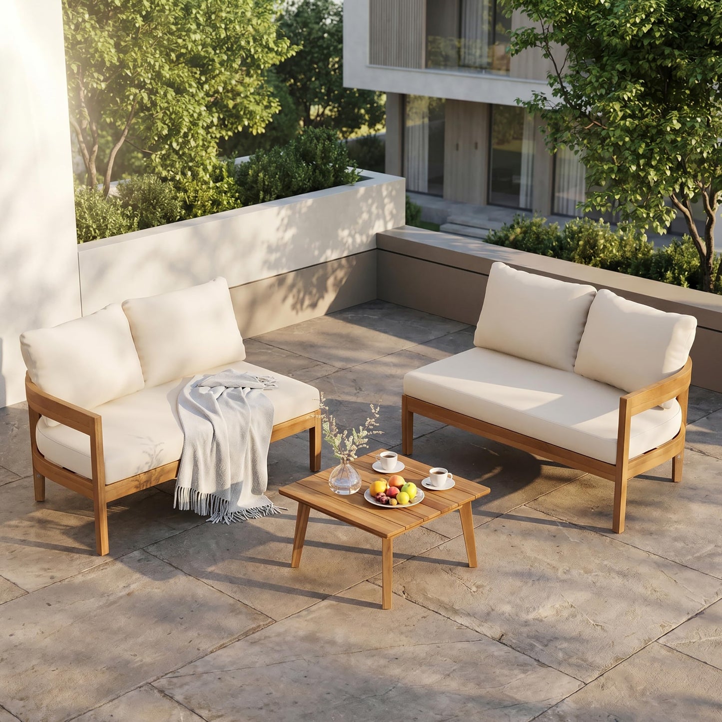 Merax 2 Piece Patio Outdoor Conversation Set, All-Weather Curved Acacia Wood 2 Loveseat Sofas with Cushions for Backyard Deck Poolside,Free Combination, Teak+ Beige