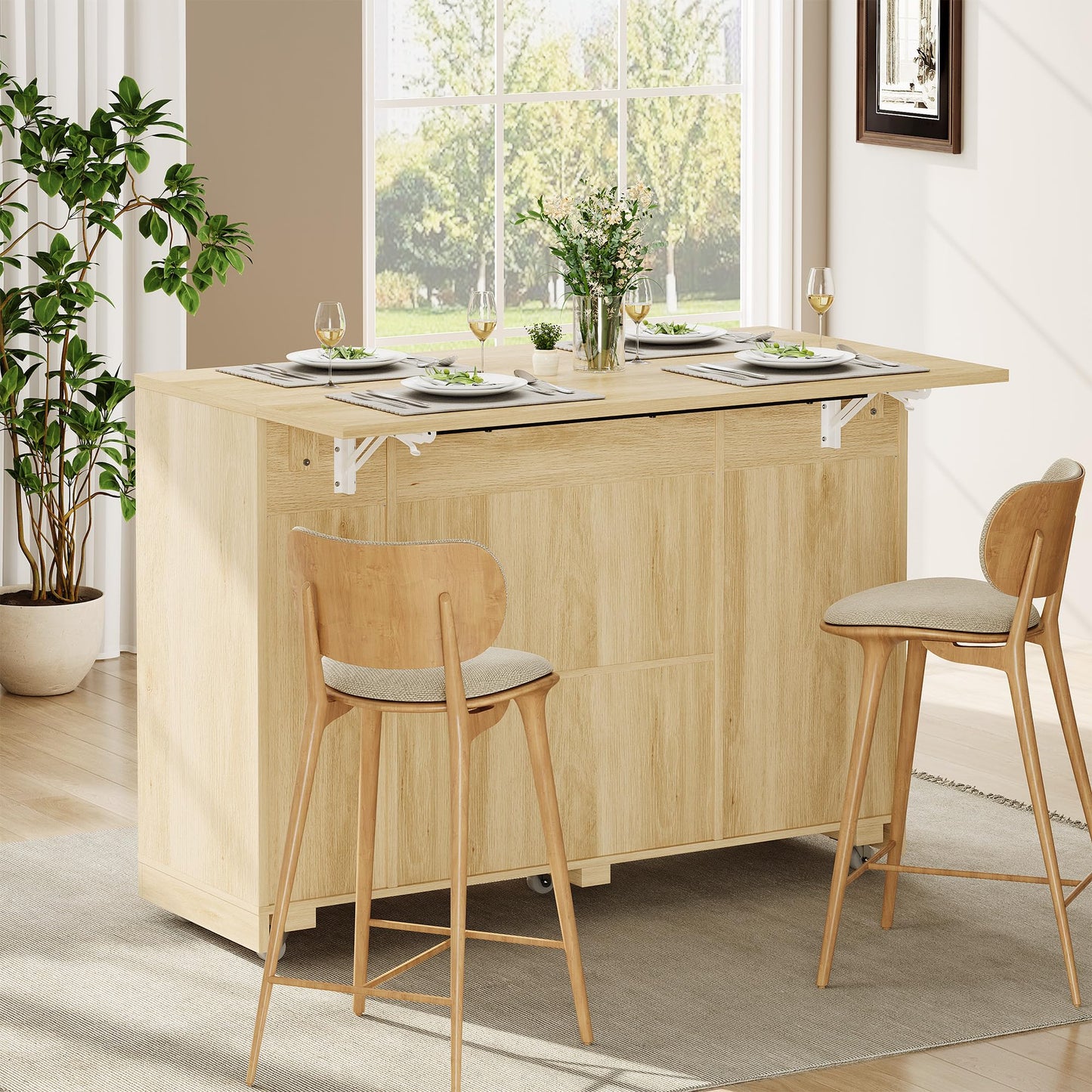 GAOMON 53.1" Kitchen Island on Wheels, Rattan Rolling Kitchen Island Cart with Drop Leaf Breakfast Bar, Tilt Out Trash Can Cabinet, Storage Cabinet, Drawer, Tower Rack, Kitchen Cart (Natural)