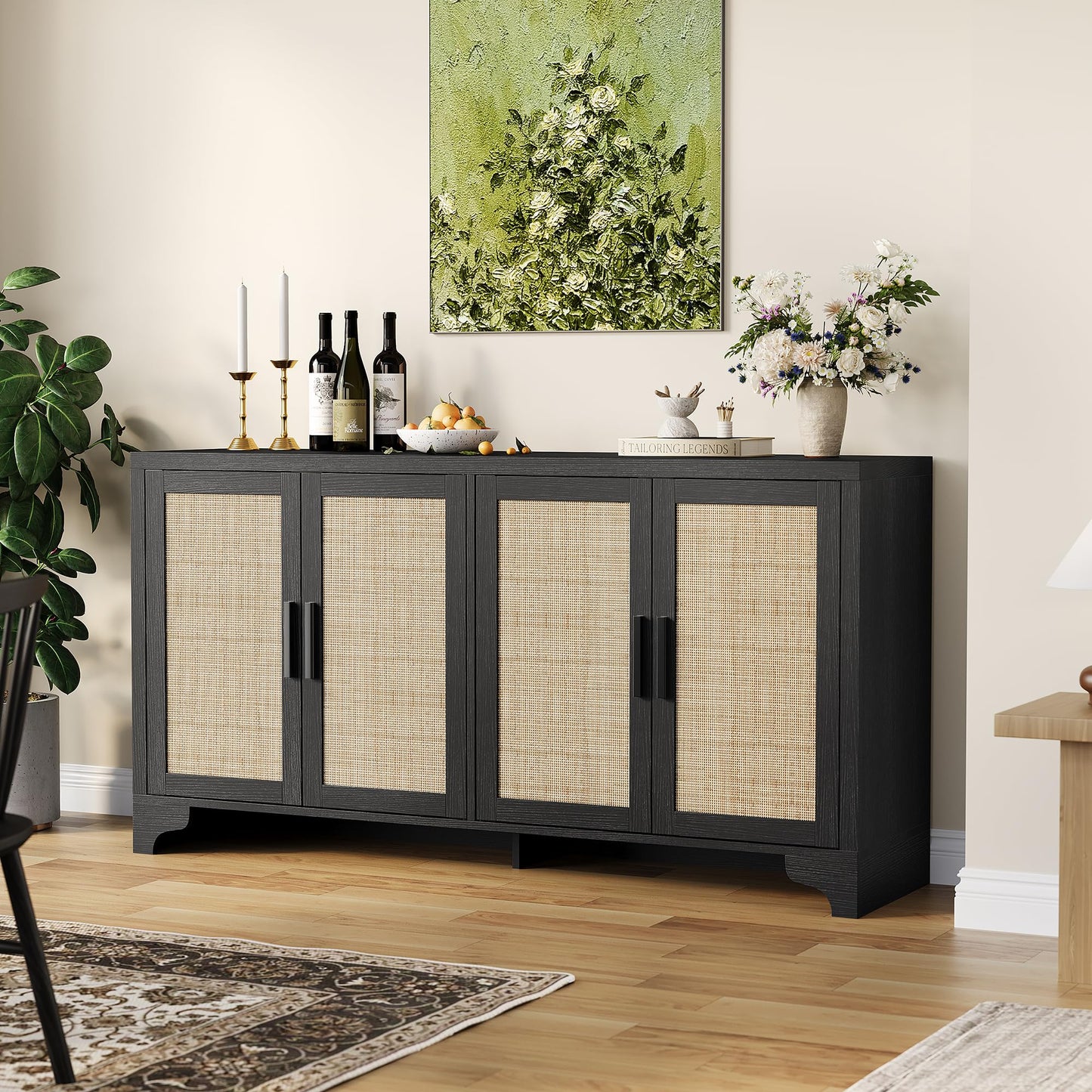 IDEALHOUSE Natural Rattan Sideboard Buffet Cabinet with Storage, Farmhouse Large Rattan Cabinet with 4 Doors, Wood Accent Coffee Bar Buffet Console Tables for Kitchen Living Room Entryway