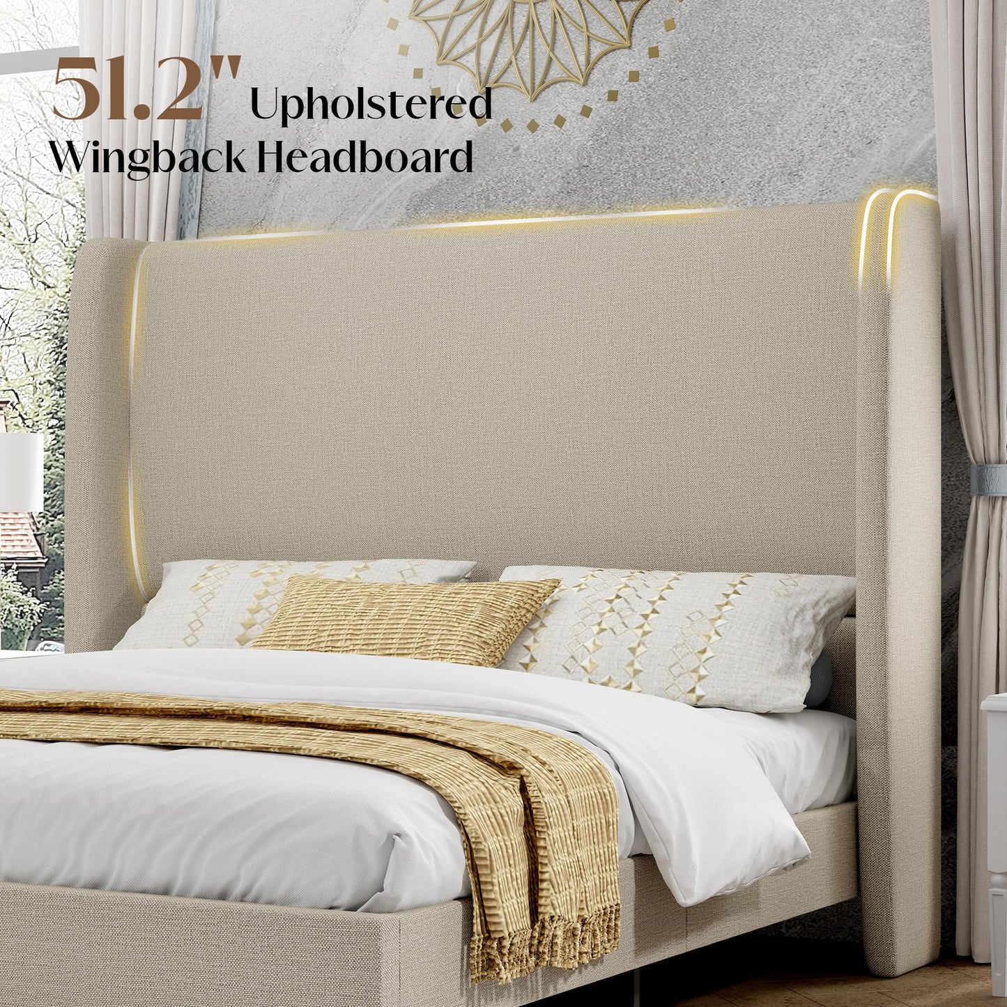 PaPaJet Queen Bed Frame with 51.2" Tall Wingback Headboard,Line Upholstered Platform Bed,Solid Wood Legs,No Box Spring Needed,Noise-Free&Easy Assembly,for Couples, Guest Room, Apartment,Light Khaki