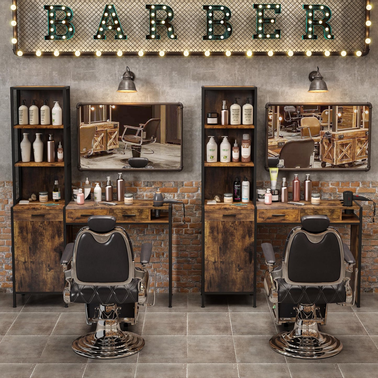 RESHABLE Industrial Wall Mount Salon Barber Station, Hair Styling Station with 3 Drawers, Storage Cabinet, Shelves, Hair Dryer Holes, Beauty Spa Equipment, Rustic Brown