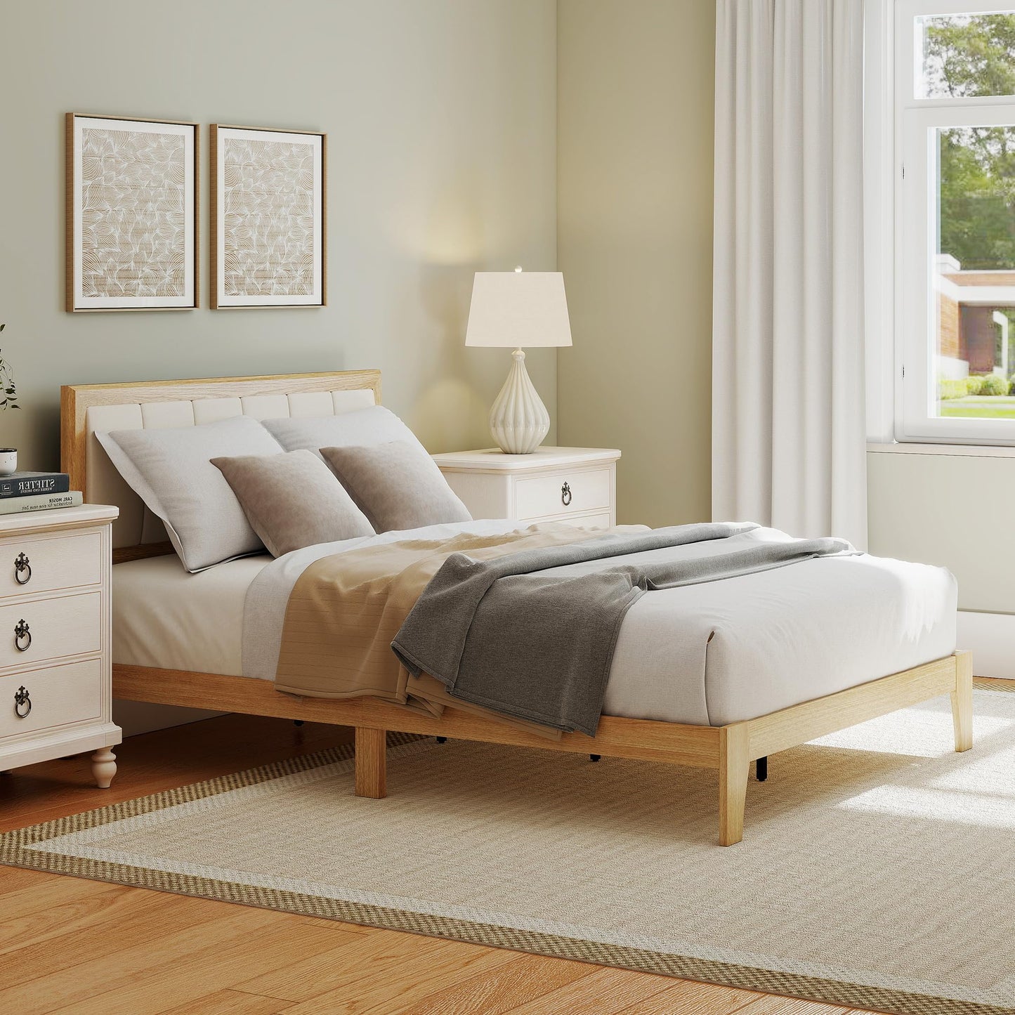 HOMCOM Full Size Bed Frame with Upholstered Headboard, Platform Bed Frame with Wooden Slats, No Box Spring Needed, Easy Assembly, Natural