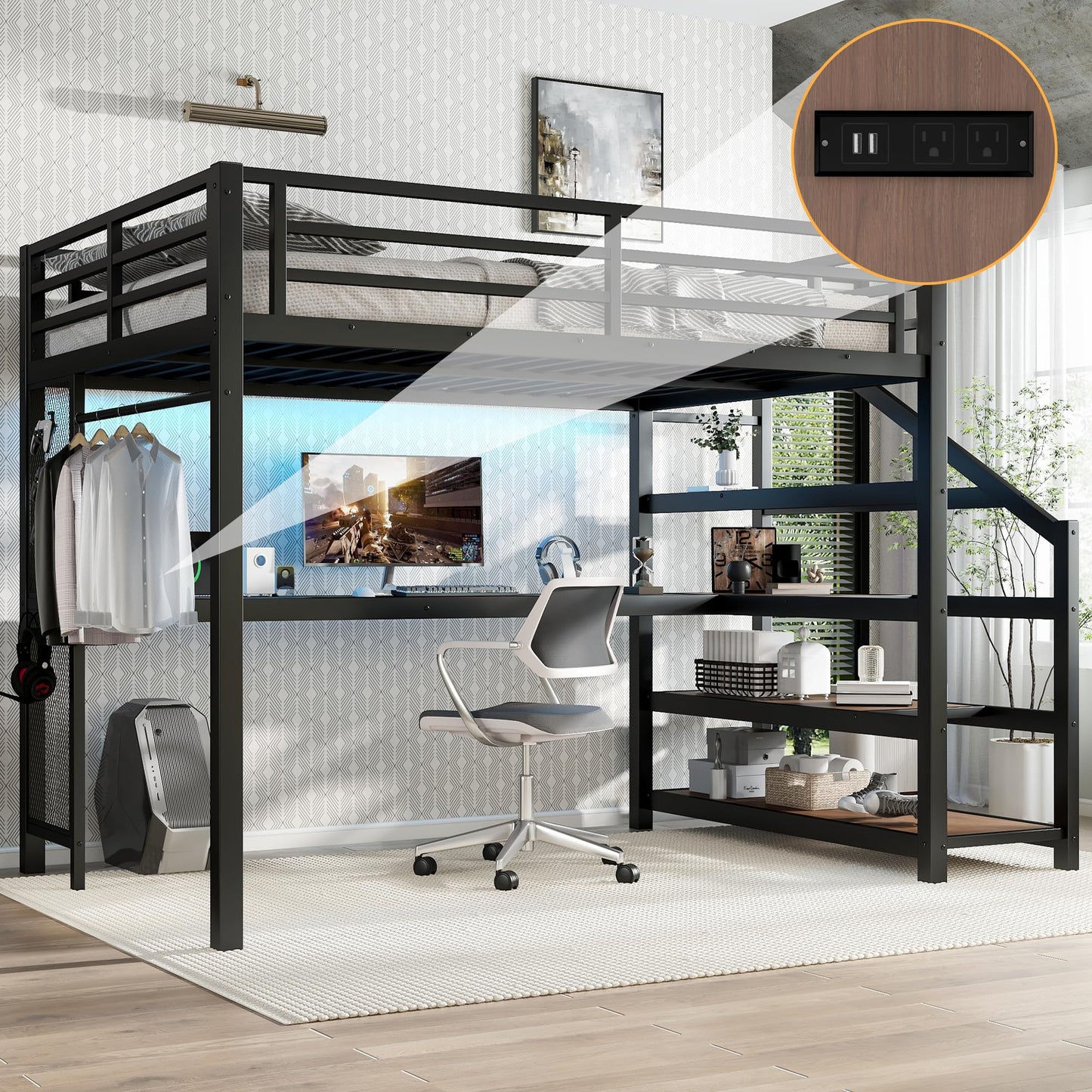 Bellemave Metal Full Size Loft Bed with Desk and Storage Stairs,Heavy Duty Loft Bed Frame Full Size with LED Lights and Charging Station for Kids,Teens,Adults,Black