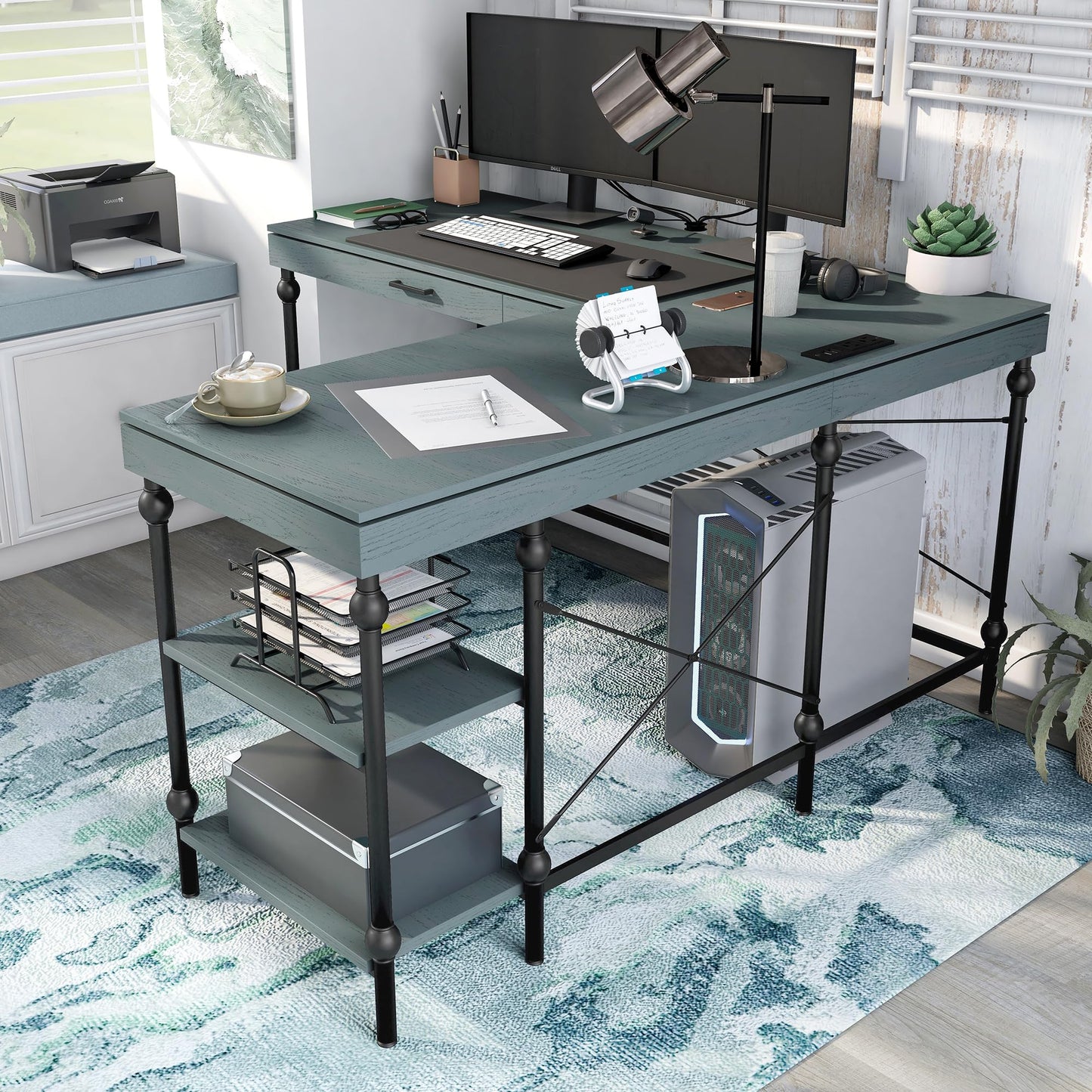 24/7 Shop at Home Monier Farmhouse Metal 2 Shelves Corner Computer Desk with USB Port, Power Outlet, 1 Drawer for Workstation, Home Office, Study Room, Antique Blue
