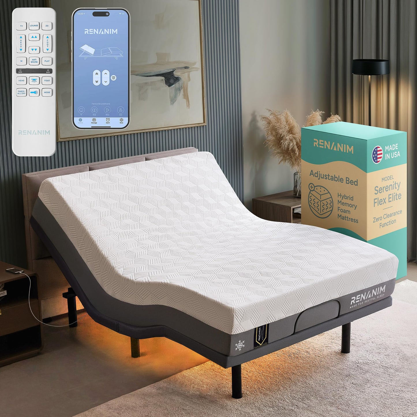 Renanim SFE Full Size Adjustable Bed Frame with Mattress - 14" Hybrid Memory Foam - Zero Clearance, Wireless Remote Head & Foot Incline - Zero Gravity - Electric Massage, Underbed Lights & 4 USB Ports
