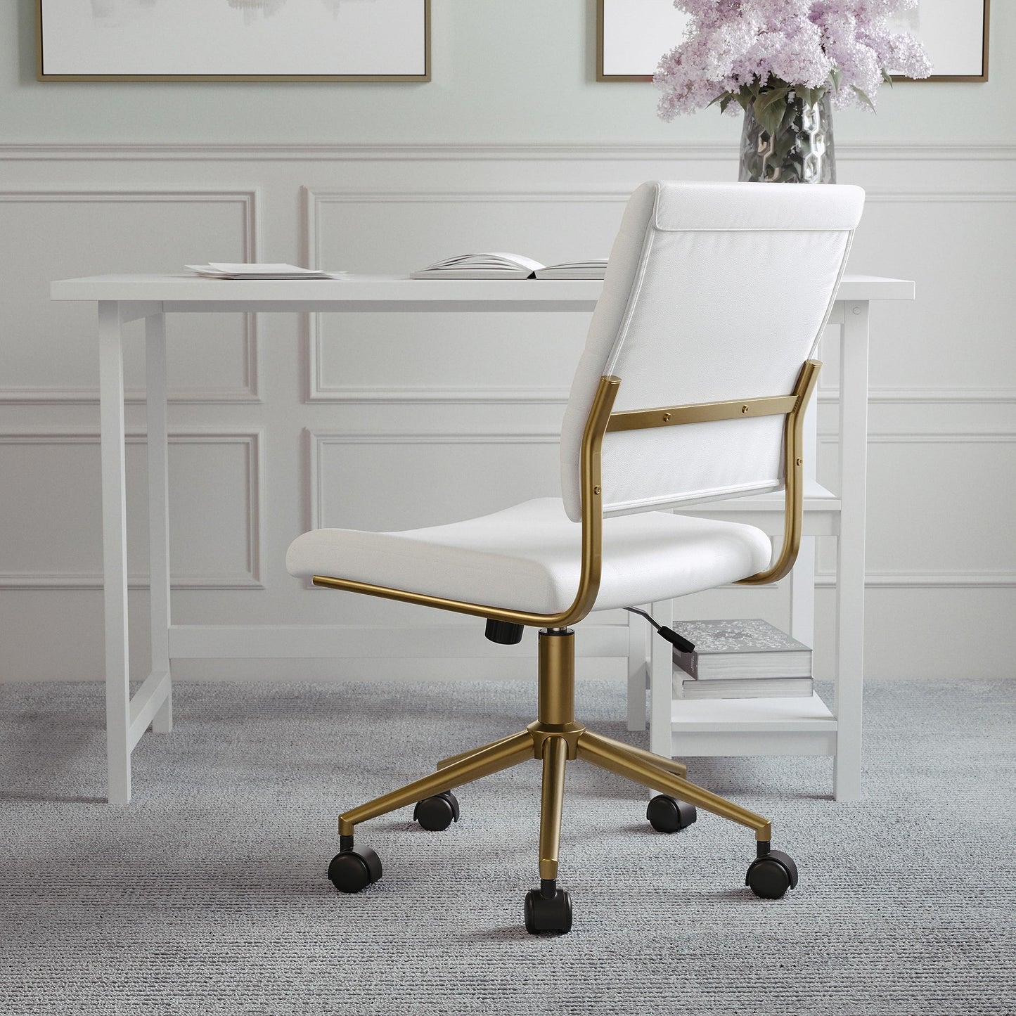 Martha Stewart Ivy Armless Swivel Task Chair for Home Office in White Faux Leather with Polished Brass Frame