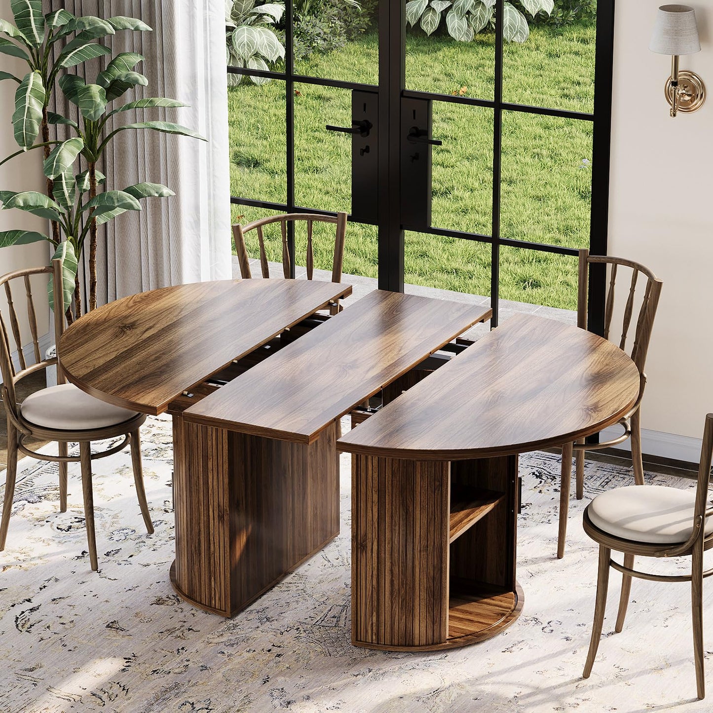 Garvee Extendable Round Dining Table with 2-Tier Storage Shelf & Drawer, 47.5 to 63 Inch Expandable Kitchen Table for 4-8 PM, Modern Farmhouse Fluted Pedestal Oval Circle Dinner Table, Walnut