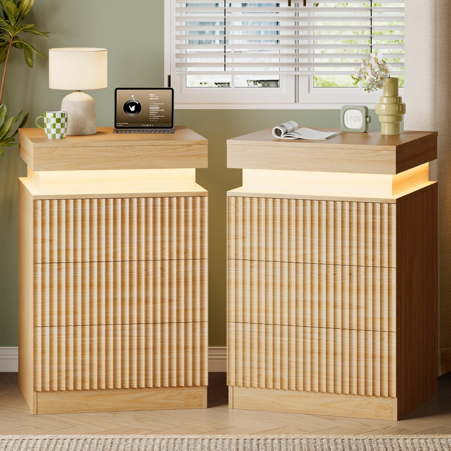 Xixini Fluted Nightstand Set of 2 with Charging Station and LED Lights, Modern Bedside Table with Sliding Top, 3-Drawer Wooden End Table for Bedroom and Living Room, Oak