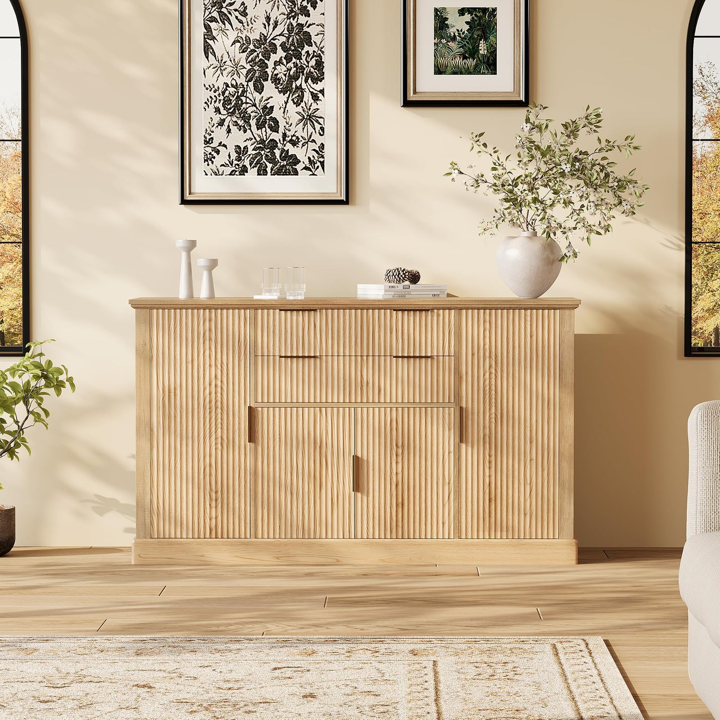 GarveeHome 58" Fluted Buffet Cabinet Sideboard with Storage, Farmhouse Coffee Bar Cabinet Console Table with Gold Handles & 4 Doors & 2 Drawers, Adjustable Shelf for Dining Room, Living Room Credenza