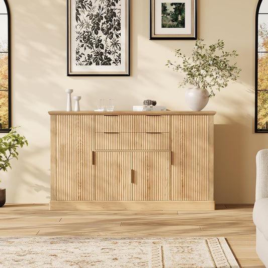 GarveeHome 58" Fluted Buffet Cabinet Sideboard with Storage, Farmhouse Coffee Bar Cabinet Console Table with Gold Handles & 4 Doors & 2 Drawers, Adjustable Shelf for Dining Room, Living Room Credenza