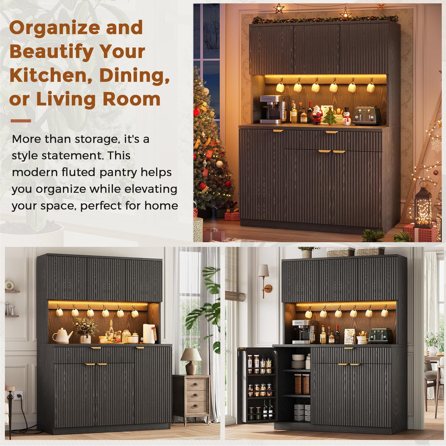 Fluted Kitchen Pantry Storage Cabinet with Charging Station/LED Light/Drawer/Doors/Shelves, 71'' Tall Kitchen Food Hutch with Microwave Stand for Dining Room Living Room (Black, 41 * 15.7 * 71)