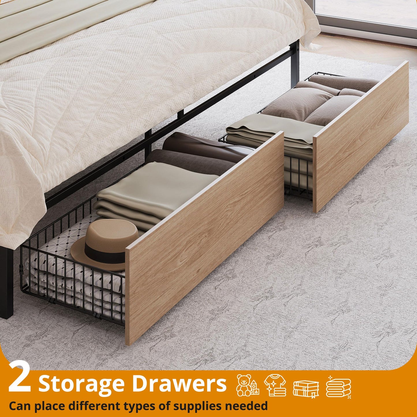 LIKIMIO King Size Bed Frame with 2 Drawers and Charging Station
