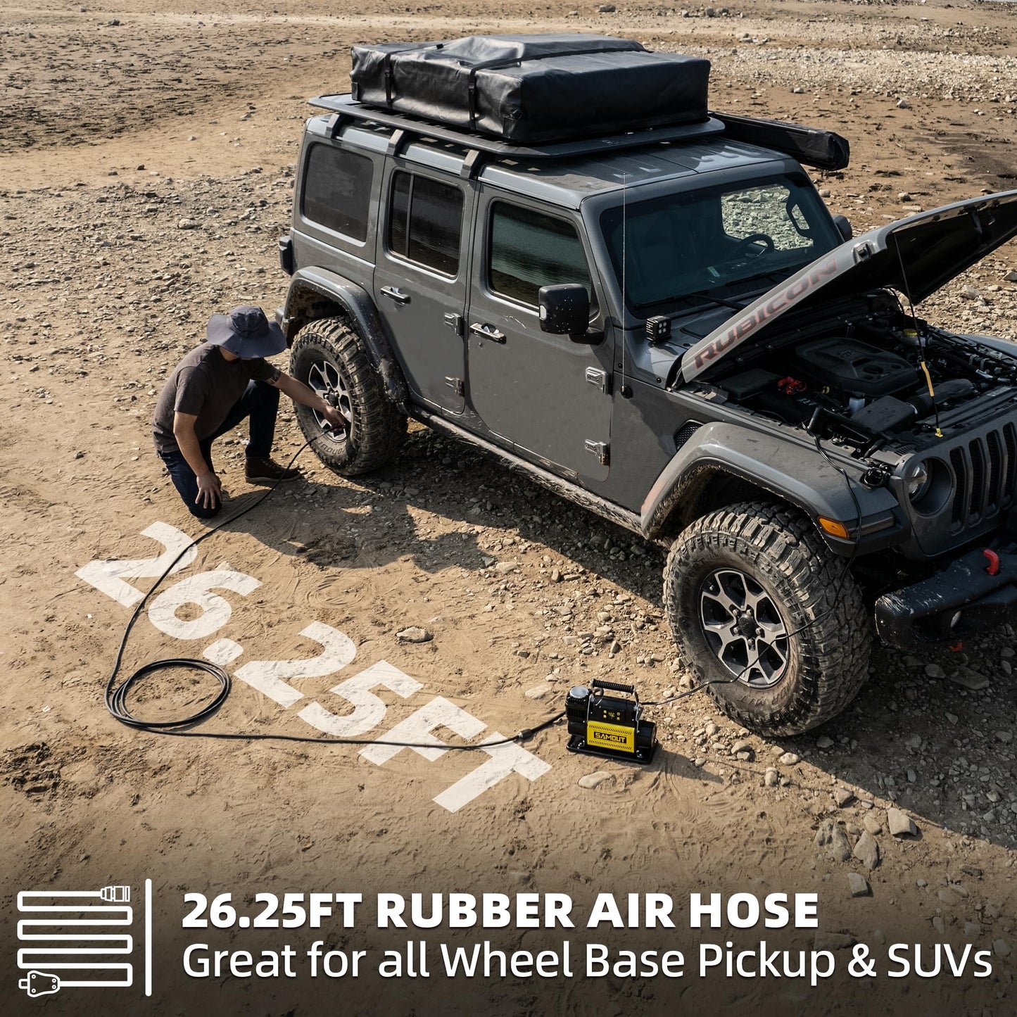 SAMOUT 12V Digital Air Compressor, Offroad Portable Inflator 7.06 CFM, Air Pump Max 150PSI for Heavy-Duty Tires, with LCD Control Panel to Preset Target Pressure, 4x4 Vehicle, SUV, RV