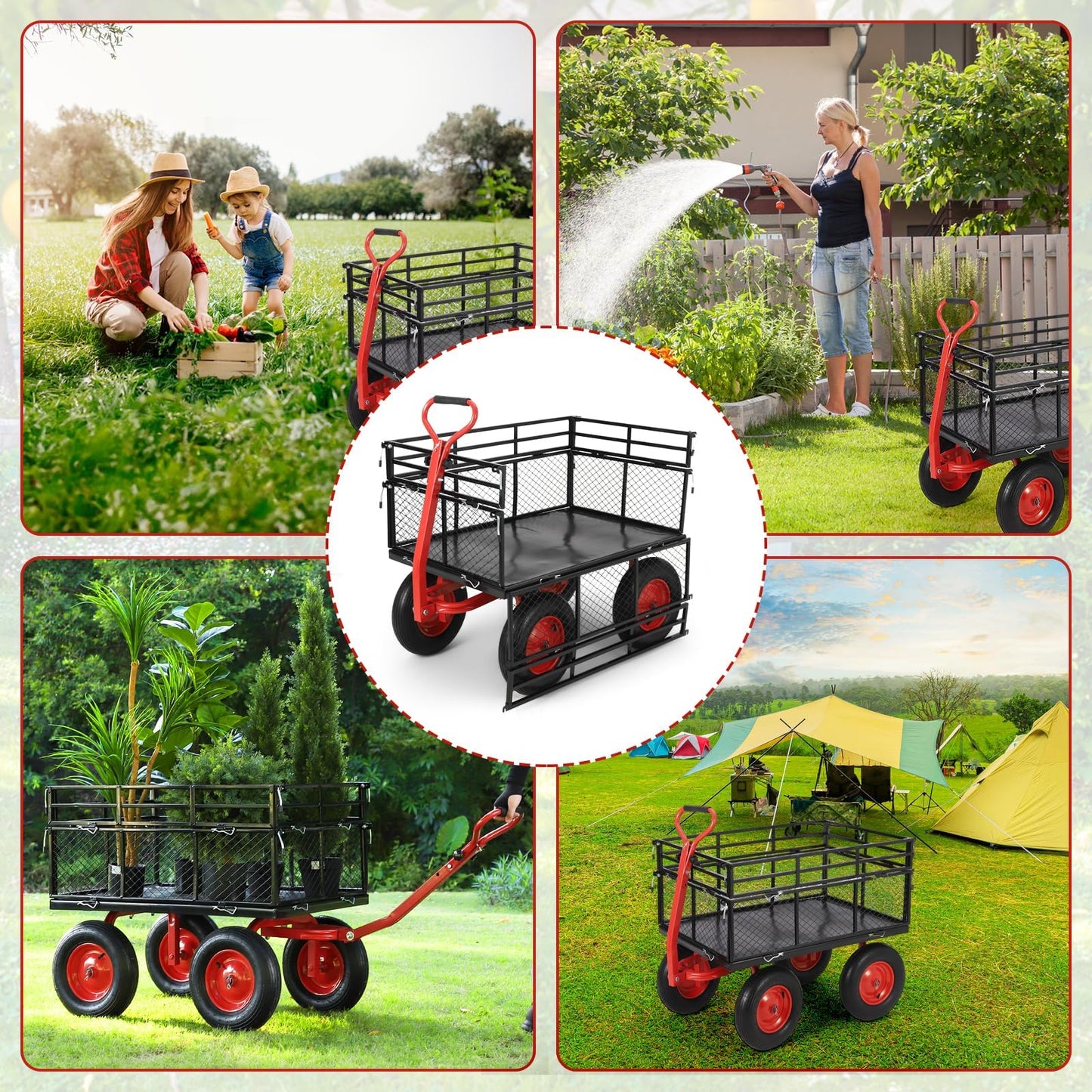 GarveeHome 1400Lbs Heavy Duty Steel Garden Cart, Garden Wagon Cart on Wheels, Metal Yard Utility Wagon with Removable Mesh Sides, 2-in-1 180° Rotating Handle and 16 Inch Wheels for Garden, Farm, Yard