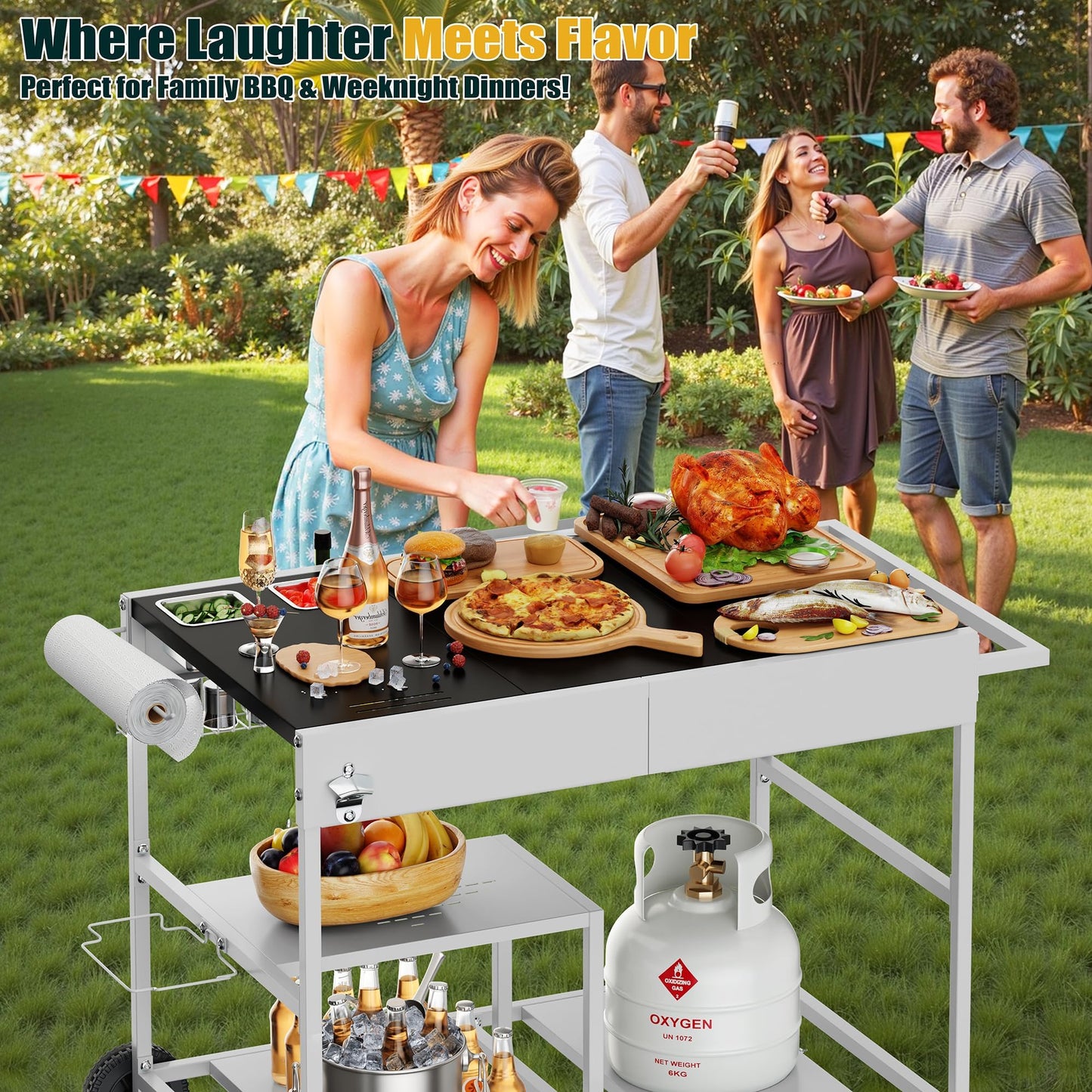 Shintenchi 24.6"x37.6" Pizza Oven Cart Table with Topping Station and Wheels, Outdoor Tabletop Grill Table Stand, Movable Food Prep Workcart Fits for Ninja Blackstone Woodfire Grill