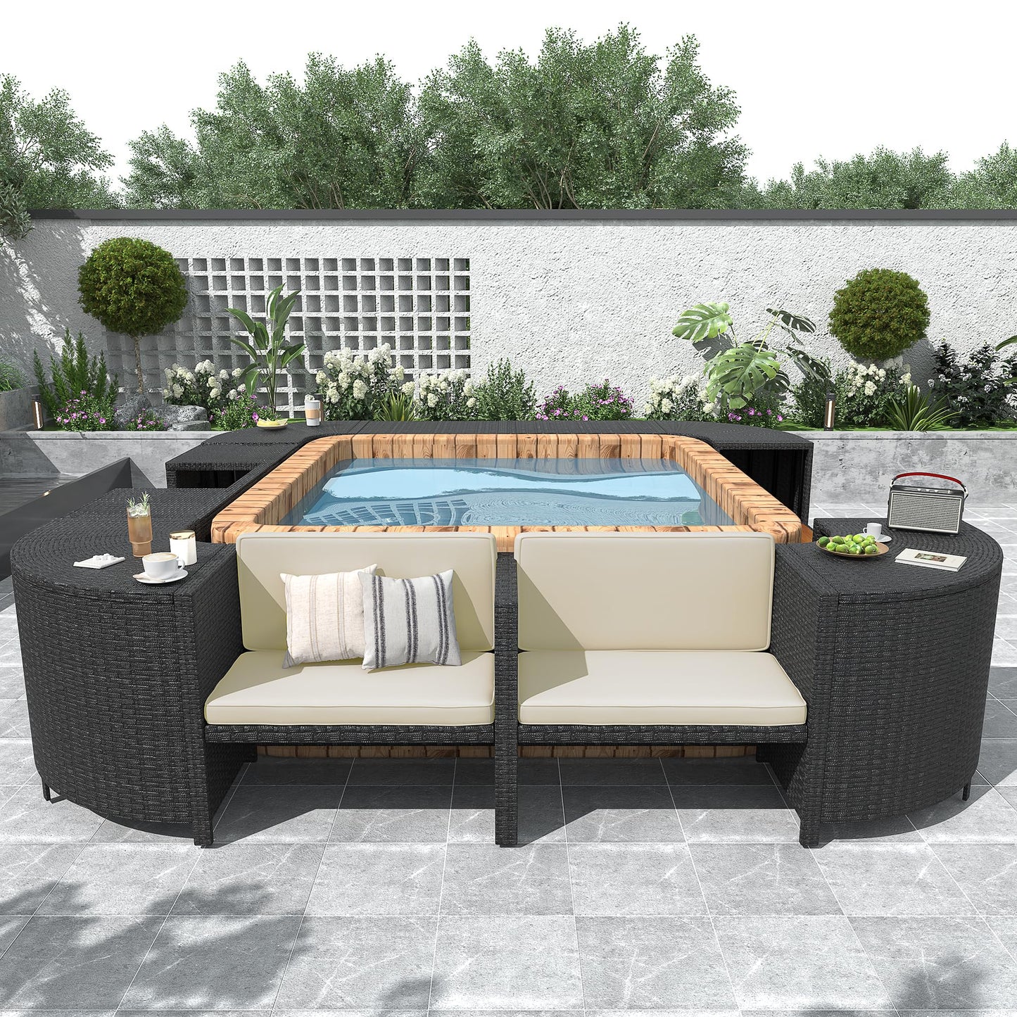 YOPTO Outdoor Waterproof Spa Surround Rattan Sectional Sofa Set with Mini Sofa,Wooden Seats and Storage Spaces Chaise w/Comfortable Cushion,Garden Furniture for Yard Pool Backyard,Beige