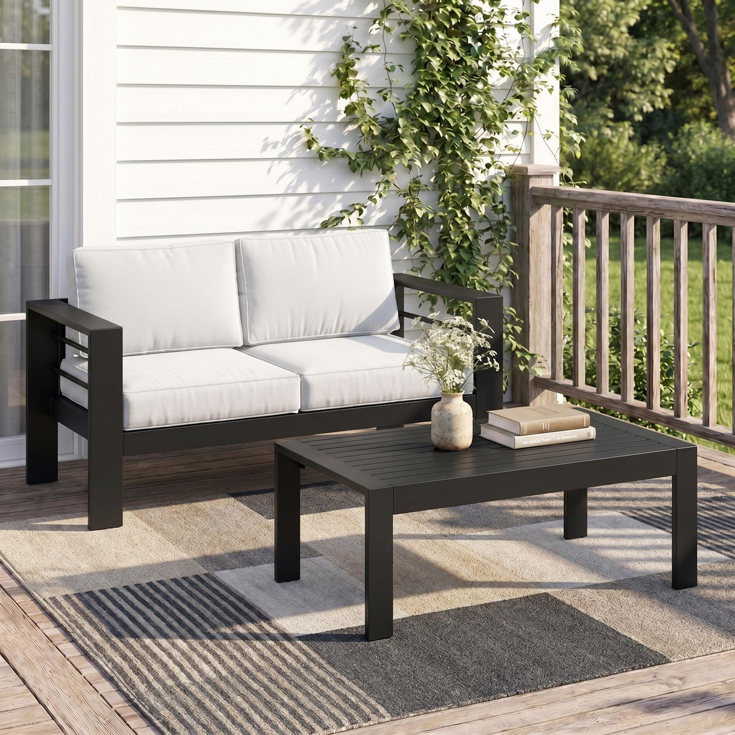 Solaste Aluminum Outdoor Loveseat with Coffee Table,2 PCS Patio Furniture Set with Cushions, All-Weather Outdoor Patio Sofa Sets for Balcony, Deck, Backyard, Porch, Garden, Light Grey