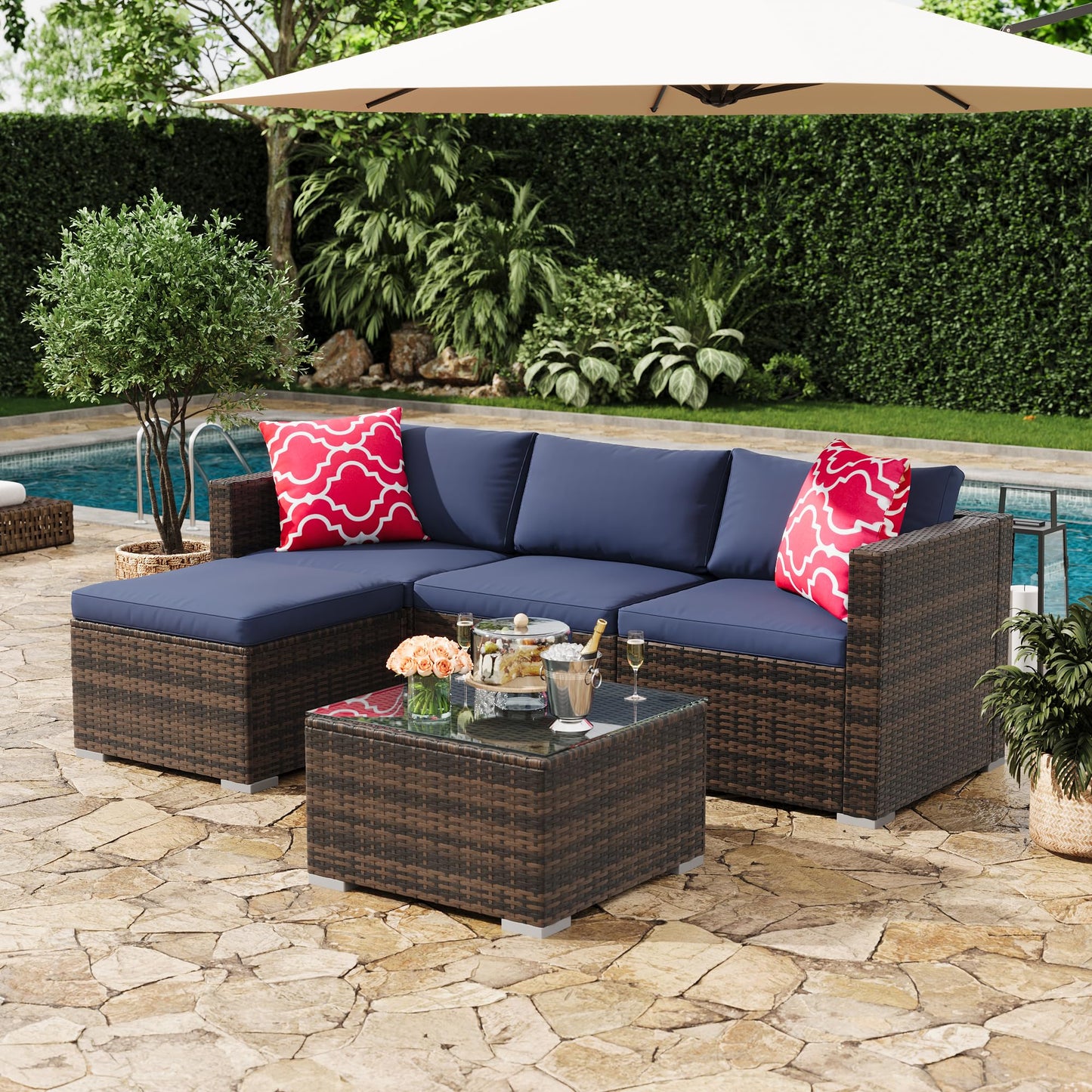 GarveeLife 5 Pieces Patio Furniture Set, Outdoor Sectional Sofa, All-Weather Wicker Conversation Set with Ottoman & Glass Coffee Table, Rattan Couch Seating for Garden, Backyard, Poolside, Navy Blue