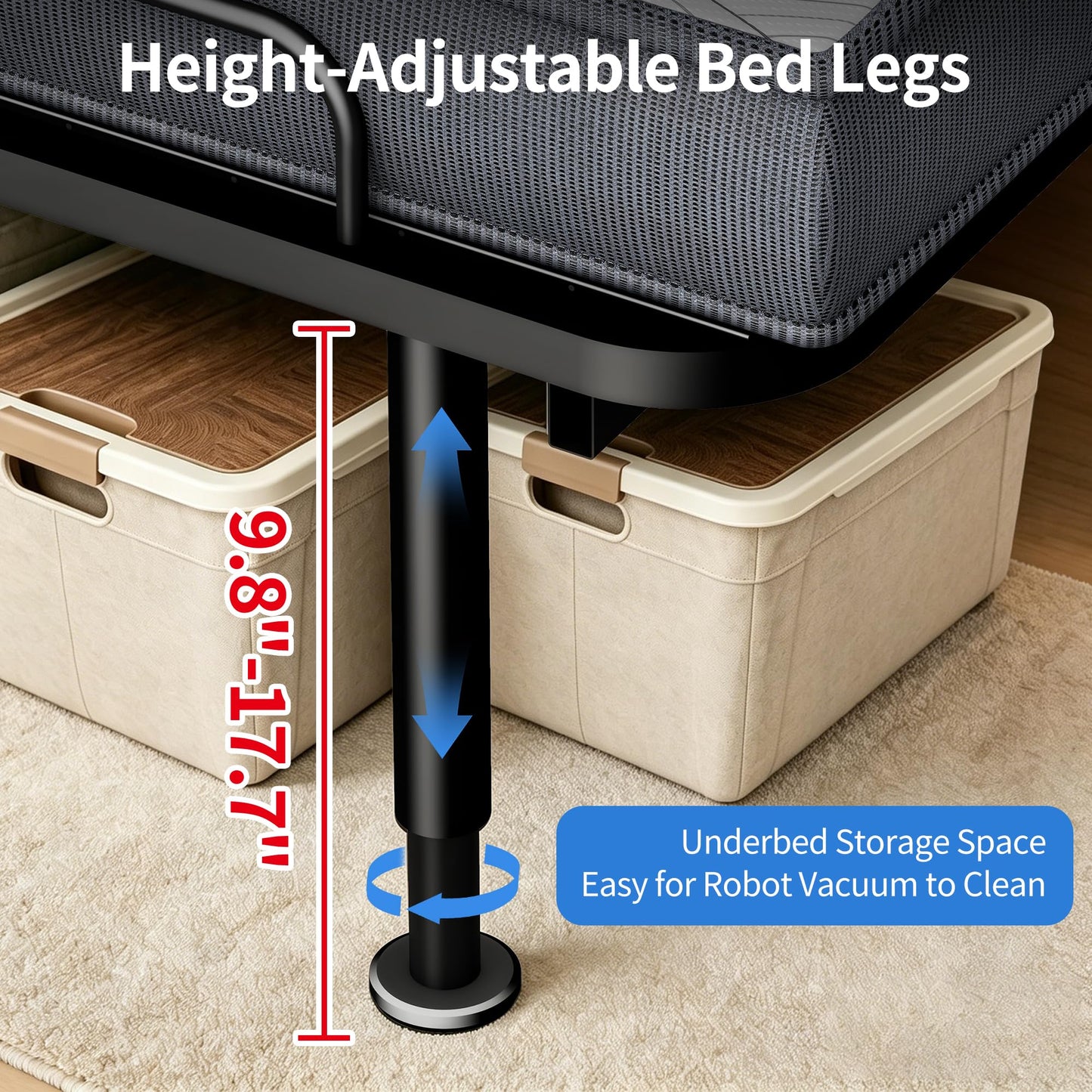 AESOROMO Full Size Adjustable Bed Frame Base with Mattress Electric Bed Simultaneous Head & Foot Incline Zero Gravity Aniti-Snore Adjustable Leg Heights 5 Inch Foam Mattress