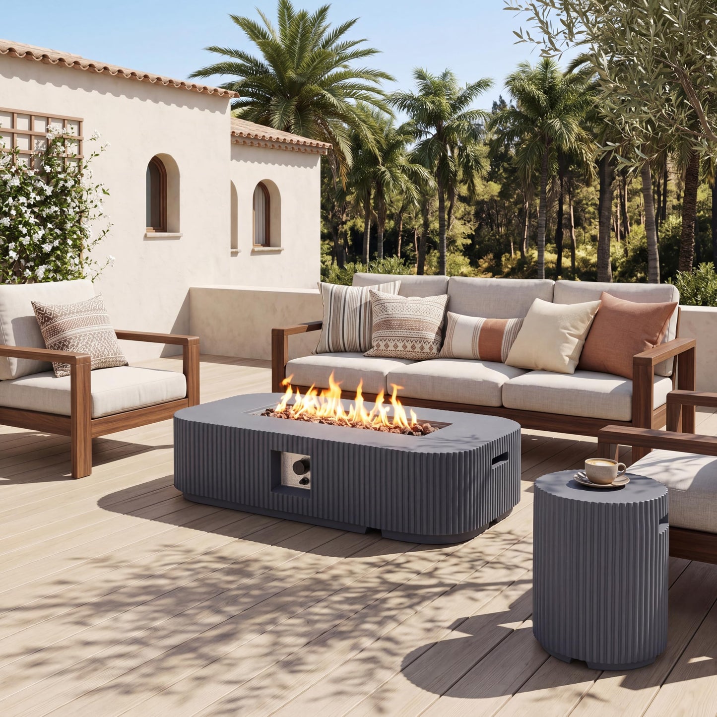 Christopher Knight Home 48.2 Inch Outdoor Rectangular Fire Pit Set with Tank Cover Side Table, MgO Concrete Propane Fire Pit 50000 BTU, Gray Modern Patio Heating Table Set