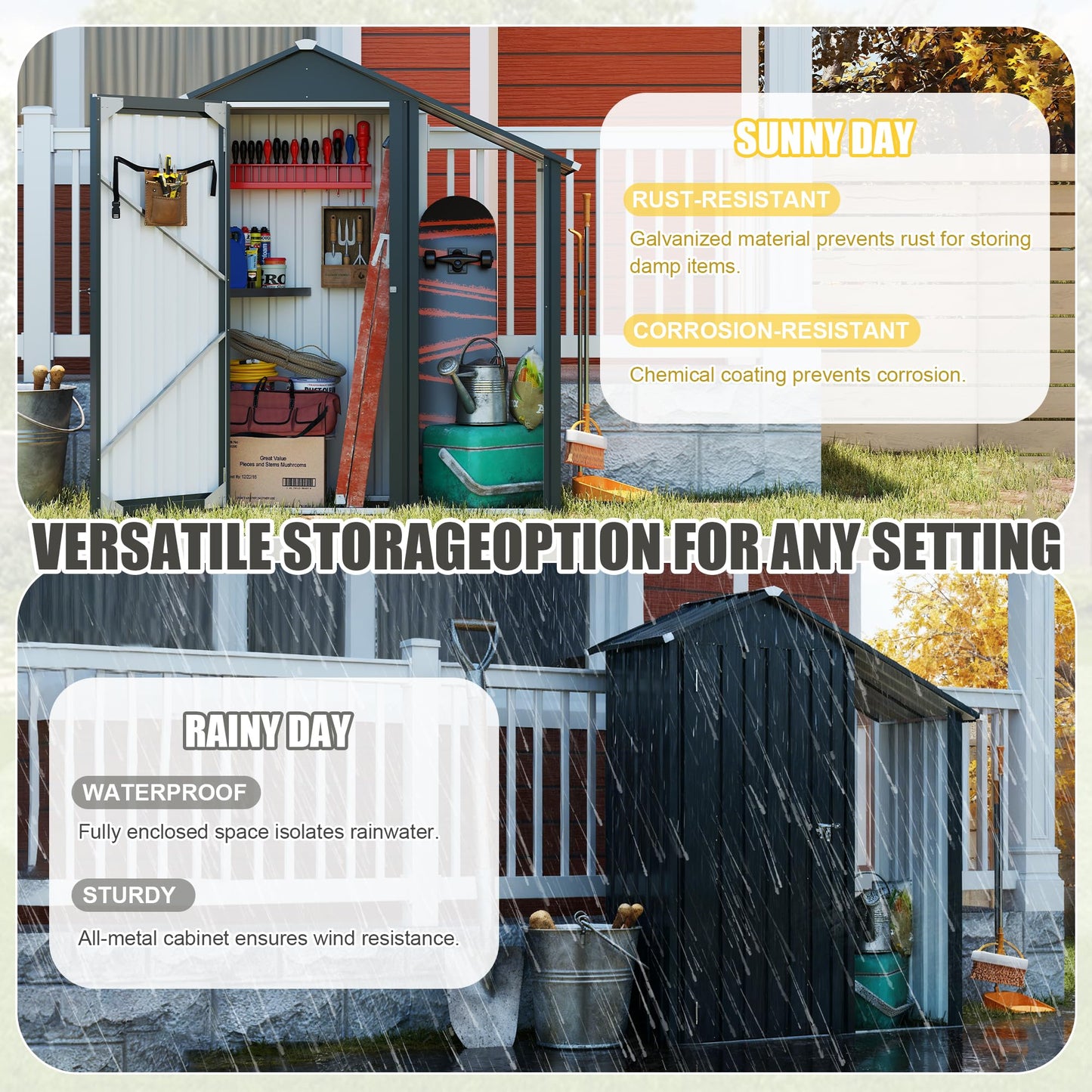 KEIKI 2-in-1 Outdoor Storage Shed & Tool Cabinet, 4.6FT Metal Garden Shed with Lockable Compartment, Open Firewood Rack, Waterproof Small Outside Storage Shed, Galvanized Steel, Dark Gray